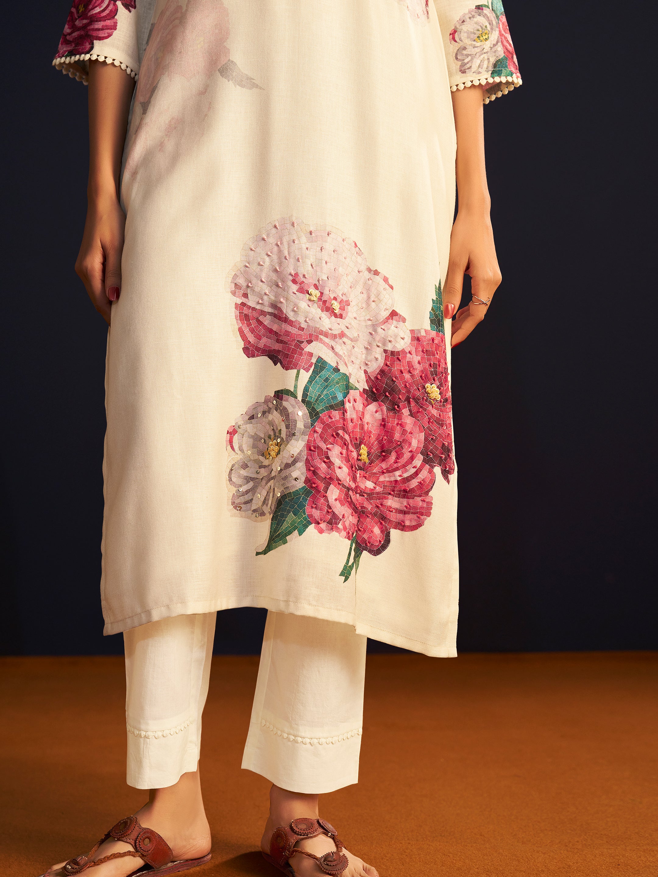 Riana White Linen Floral Printed Set