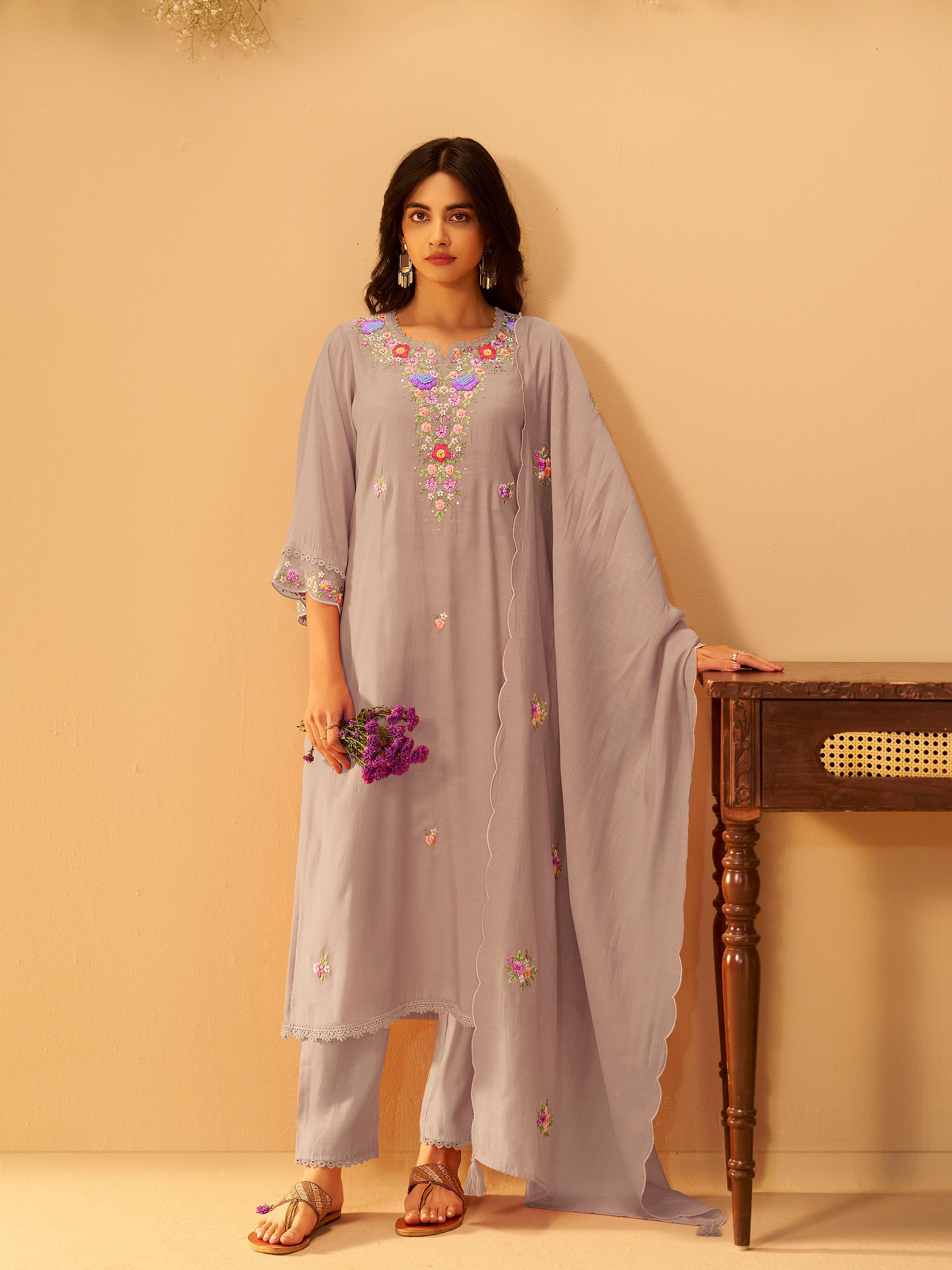 Inaya Grey Mul Chanderi Handwork Set