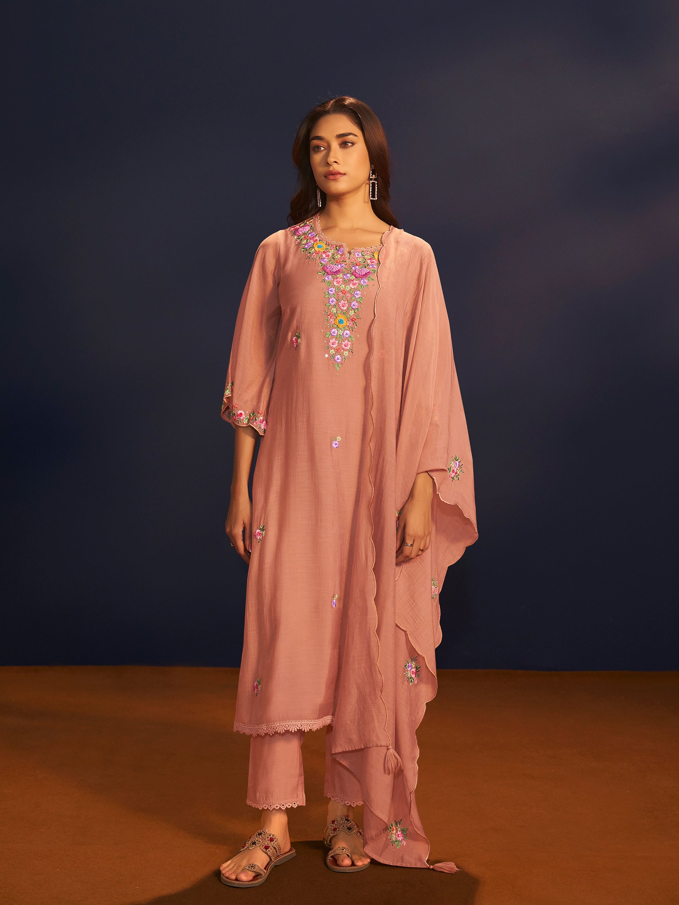 Navika Peach Mul Chanderi Handwork Set