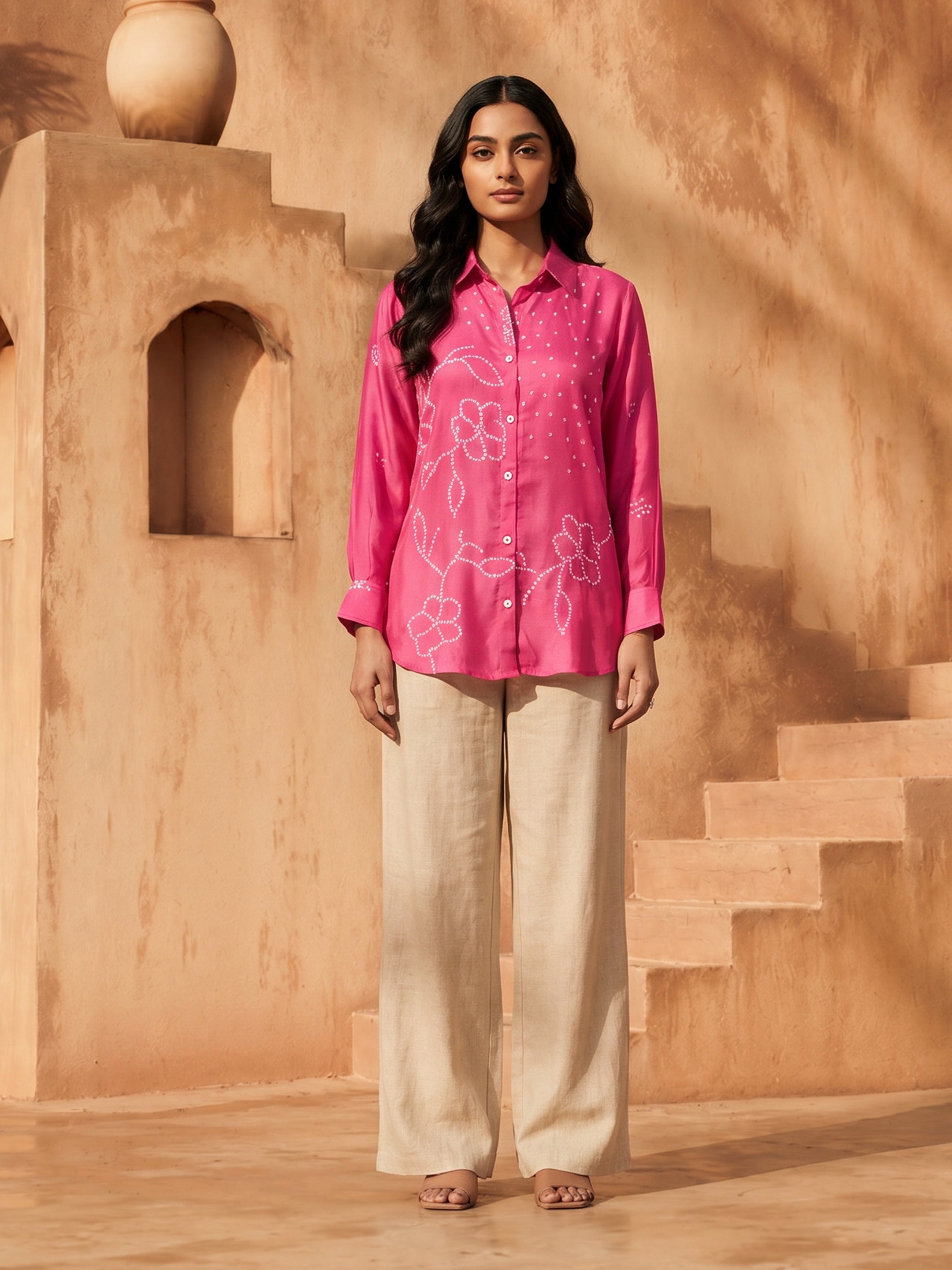 Bella Pink Crepe Printed Shirt