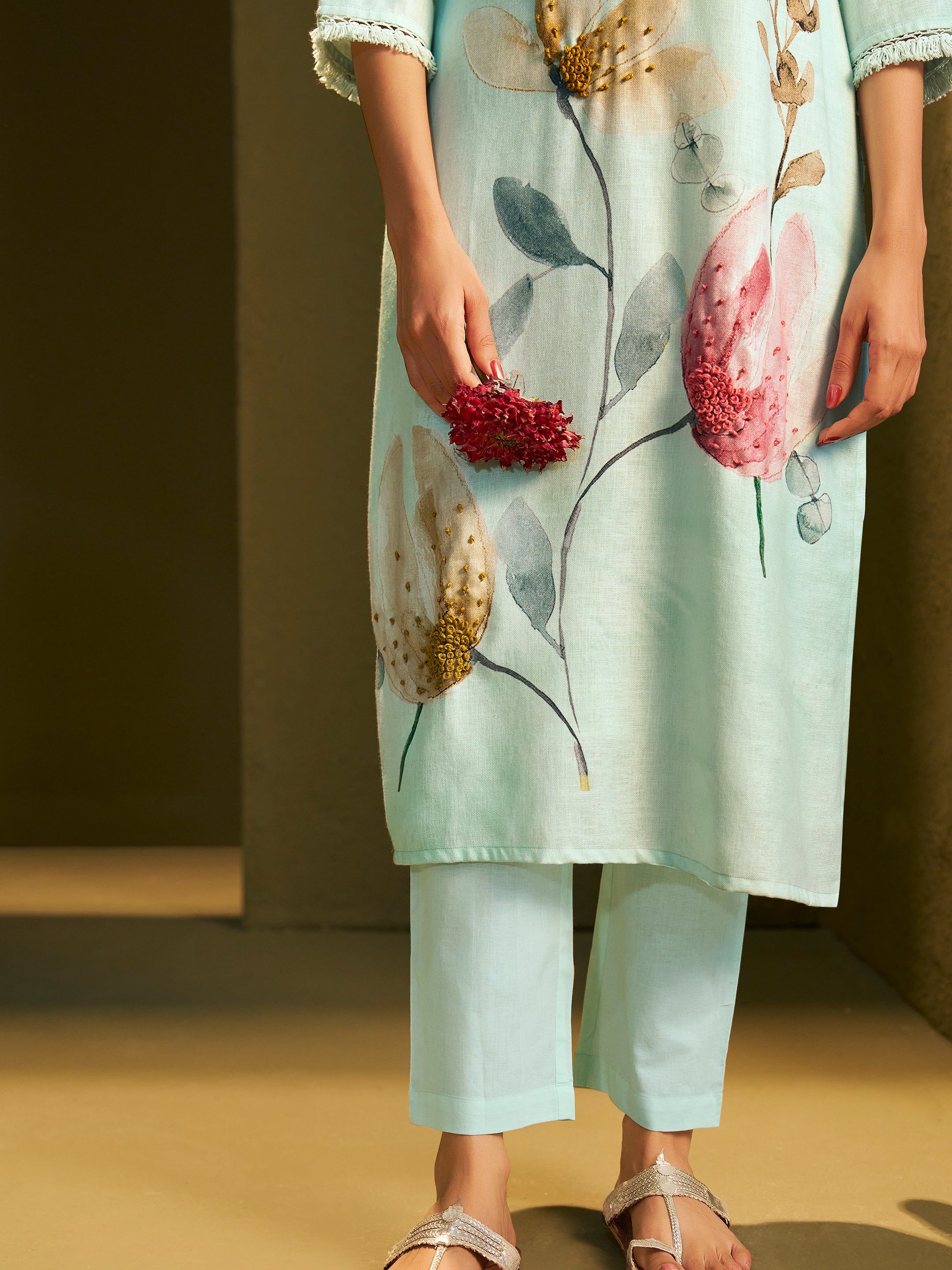 Charvi Sea Green Linen Printed Set