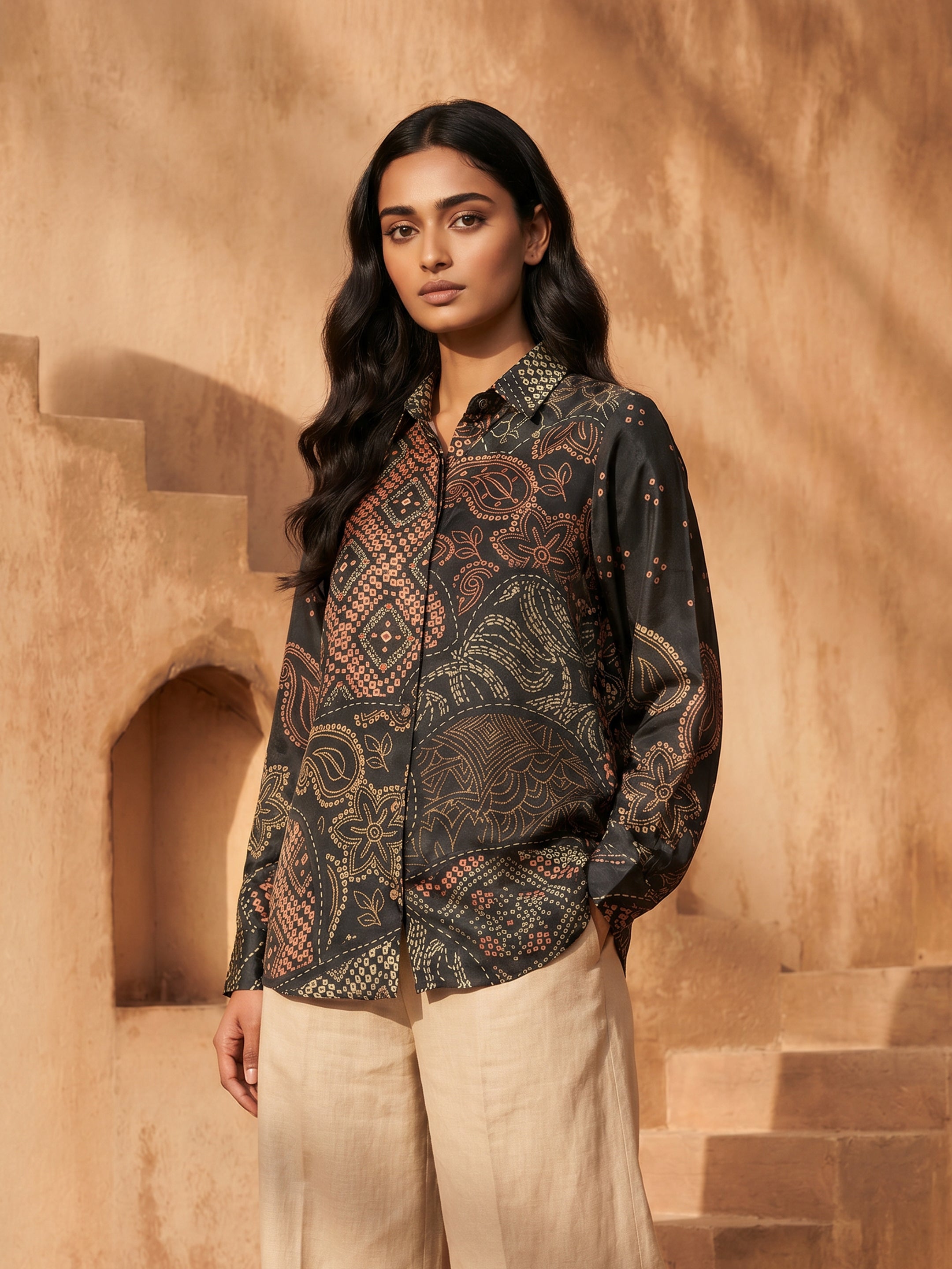 Celeste Black Crepe Printed Shirt