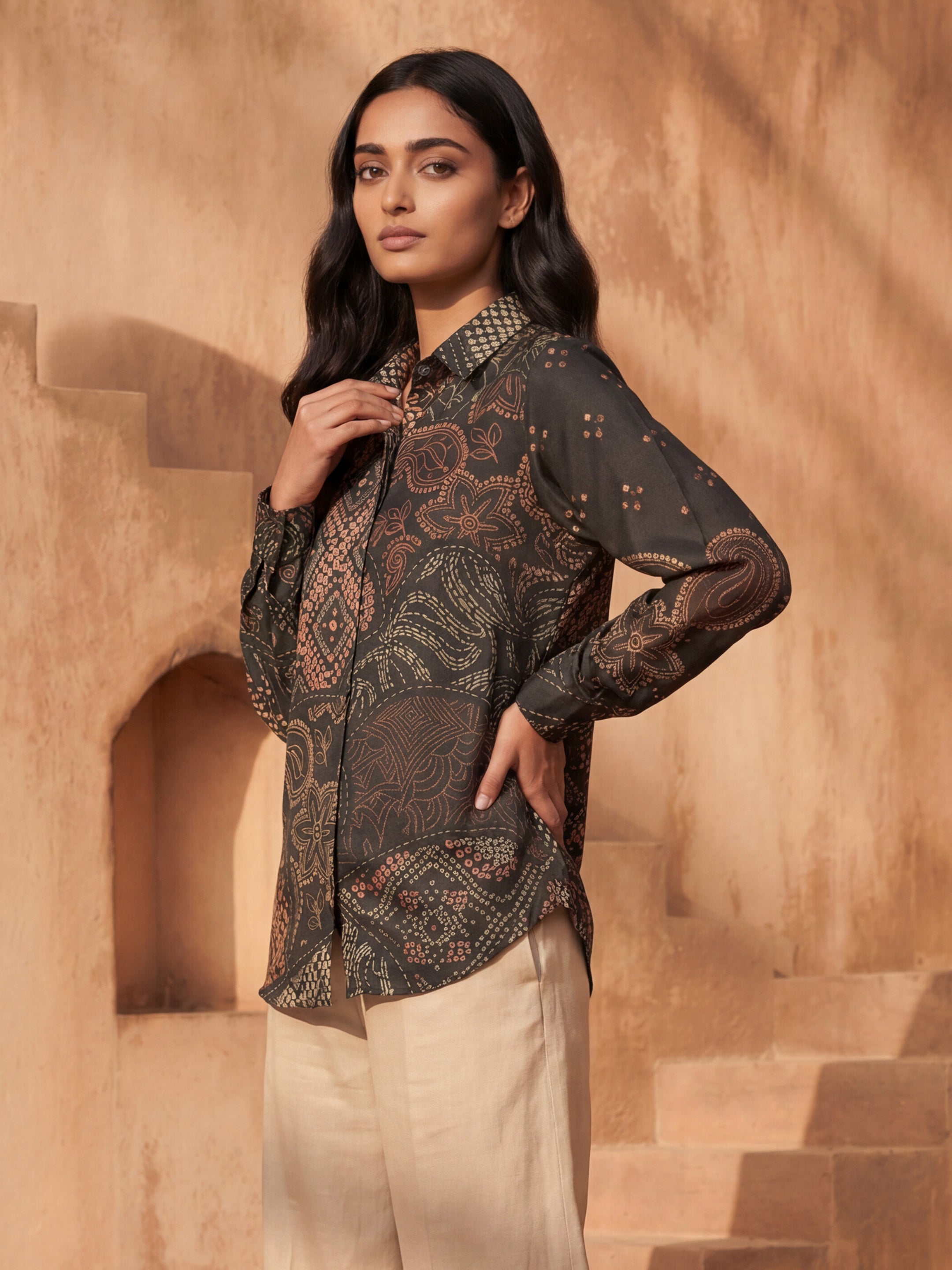 Celeste Black Crepe Printed Shirt