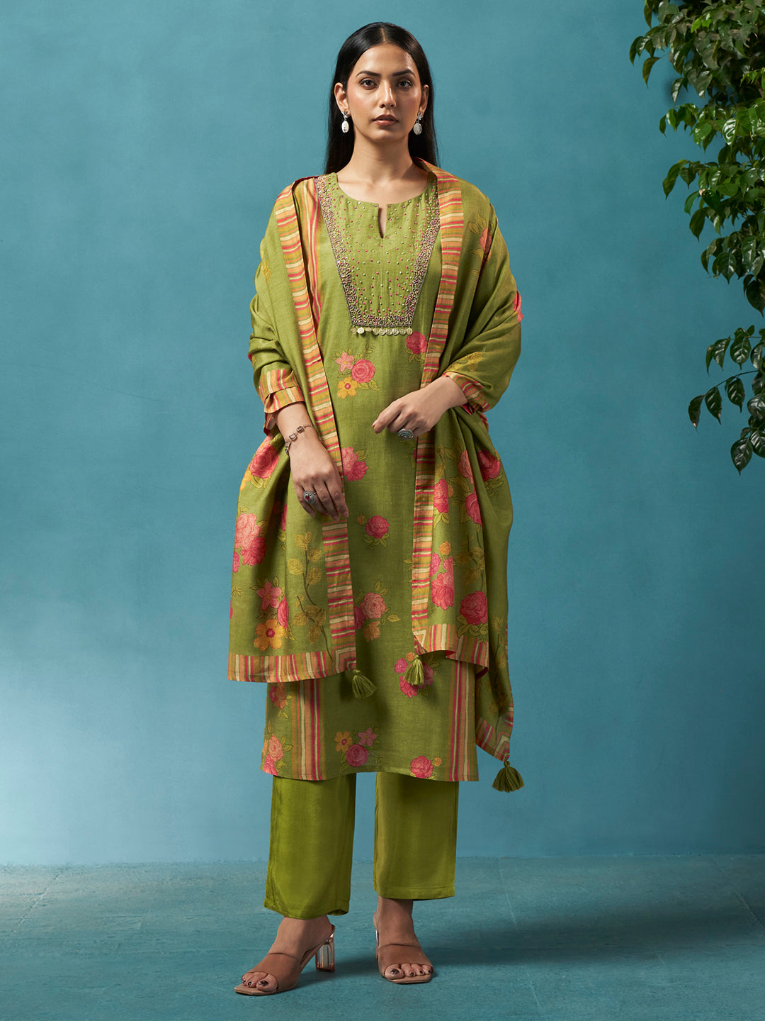 Phulwari Green Rio-Linen Suit Set