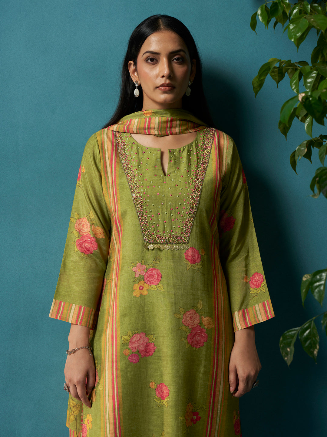 Phulwari Green Rio-Linen Suit Set