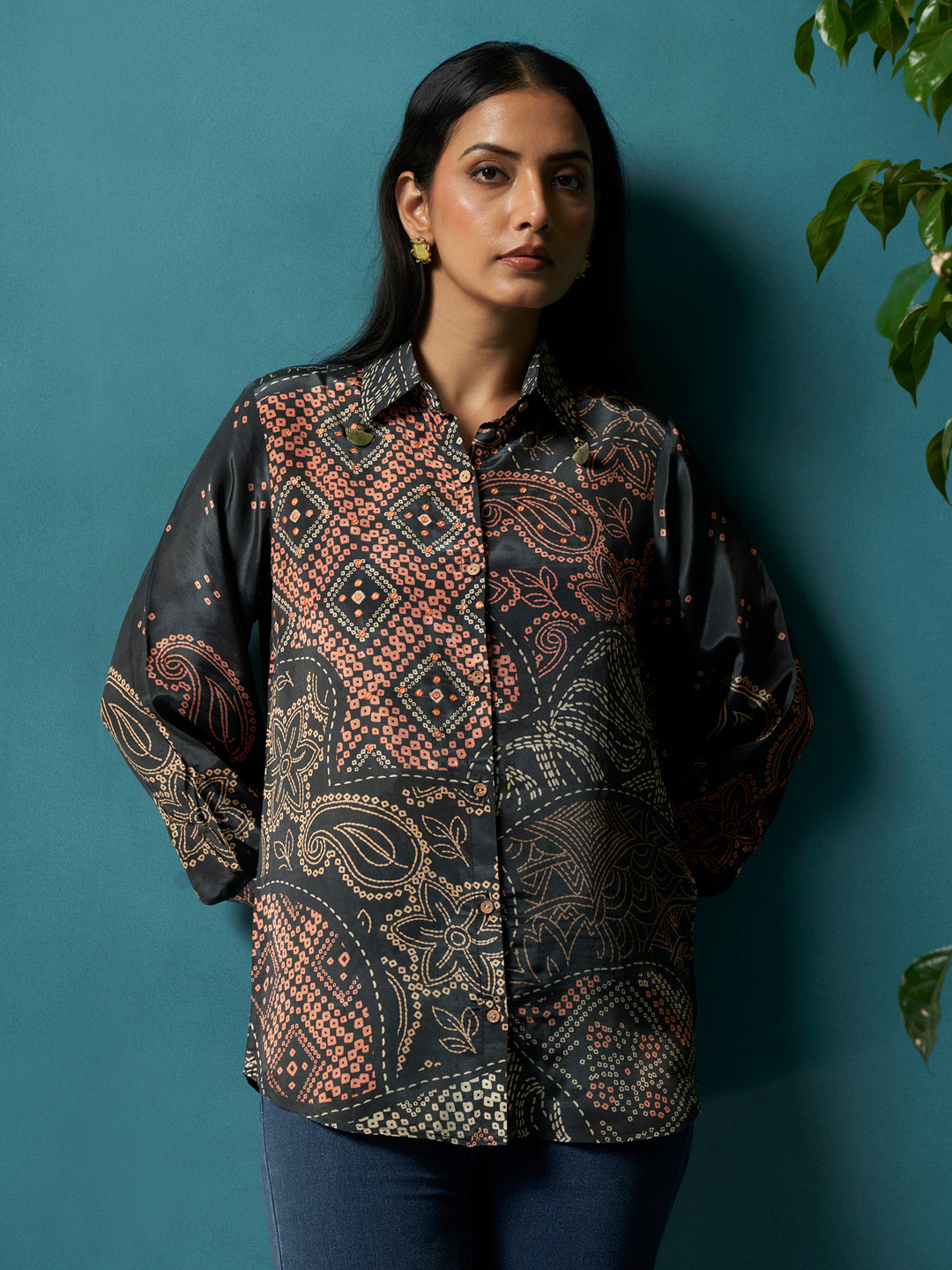 Celeste Black Crepe Printed Shirt