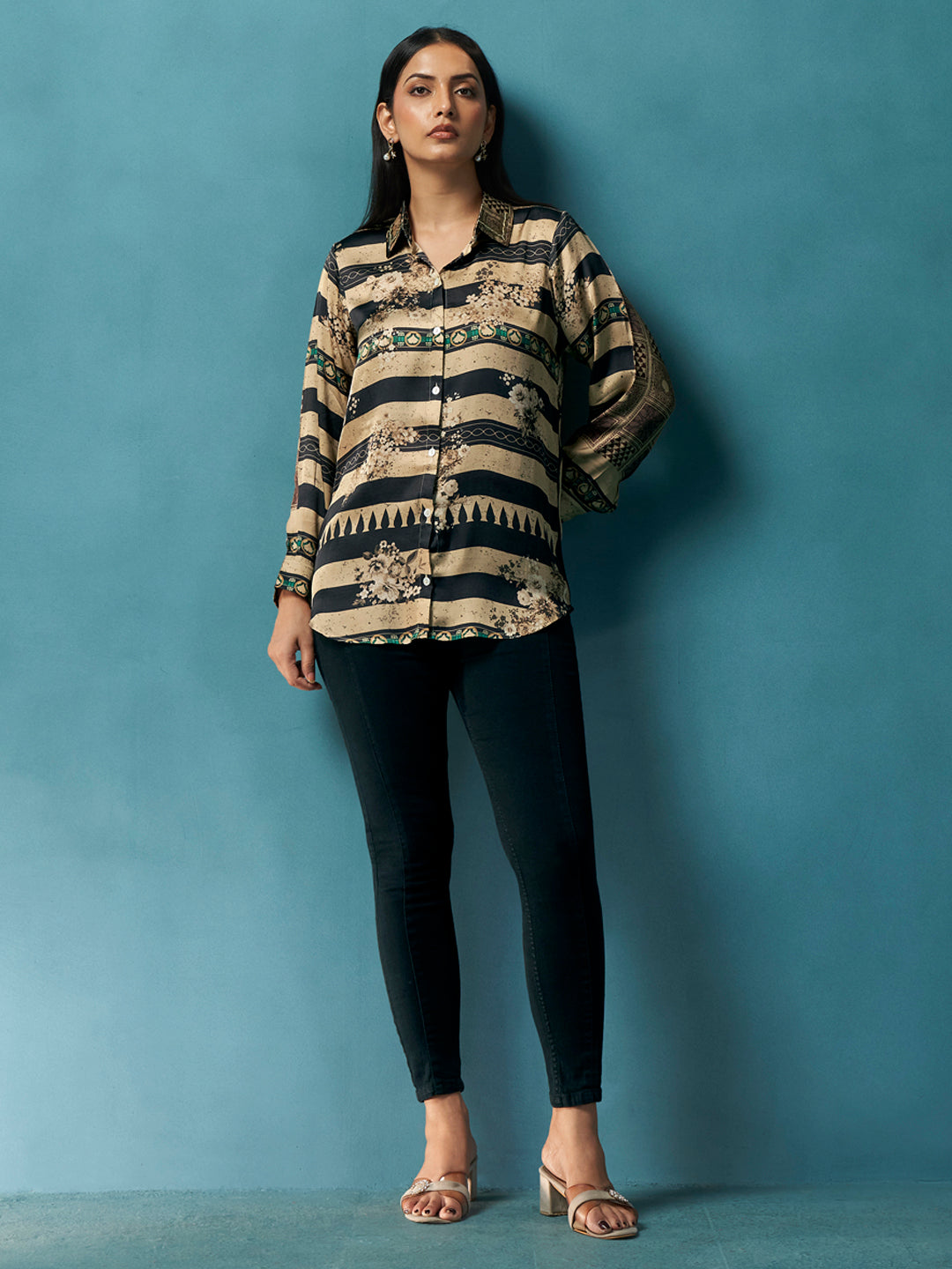 Hazel Beige Black Crepe Printed Shirt
