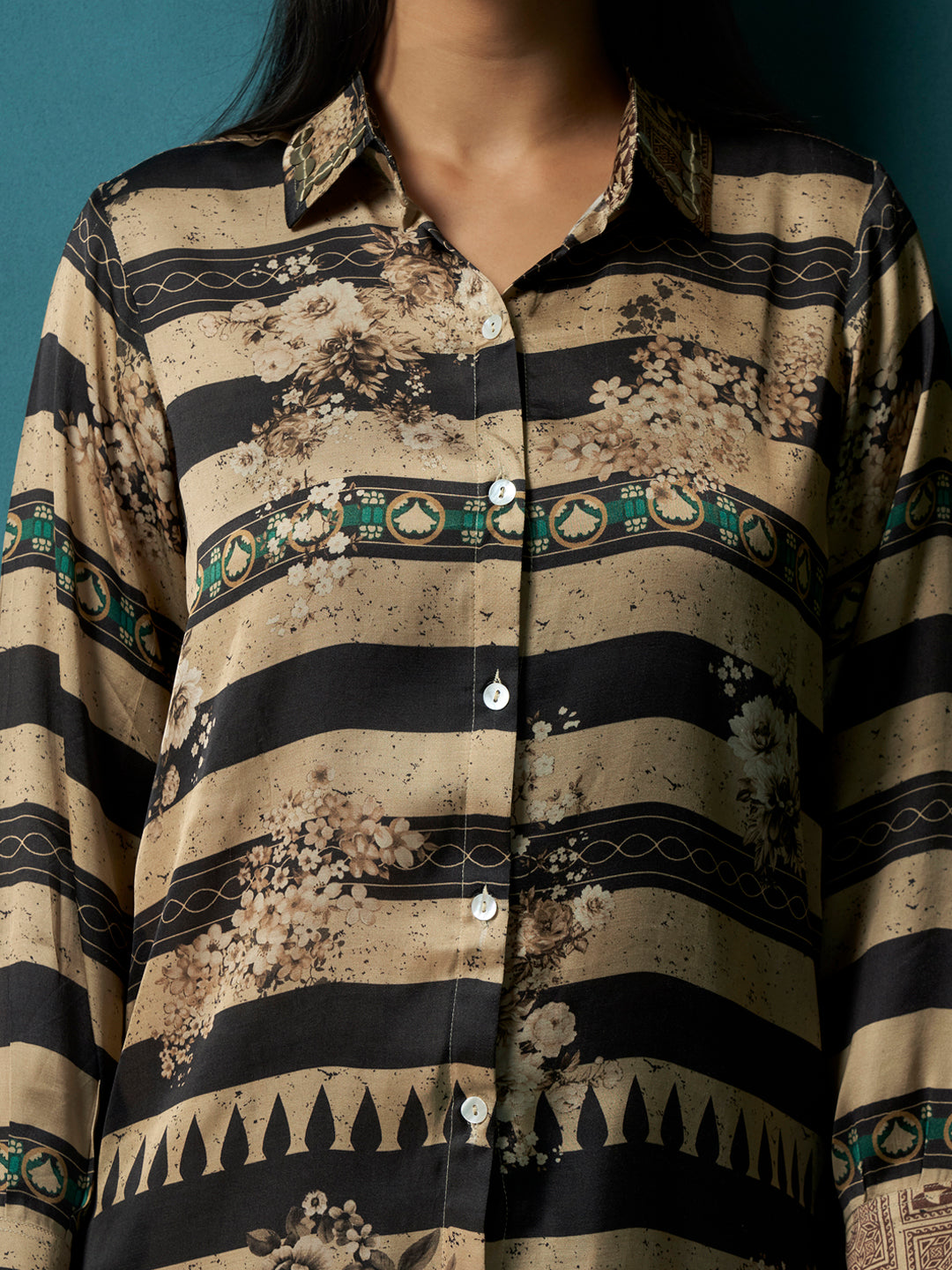 Hazel Beige Black Crepe Printed Shirt
