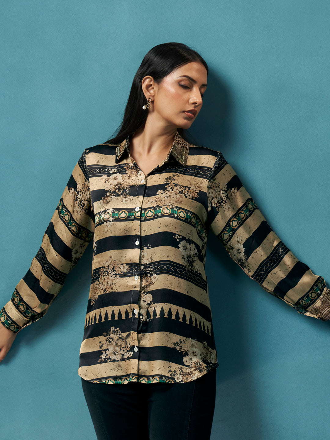Hazel Beige Black Crepe Printed Shirt