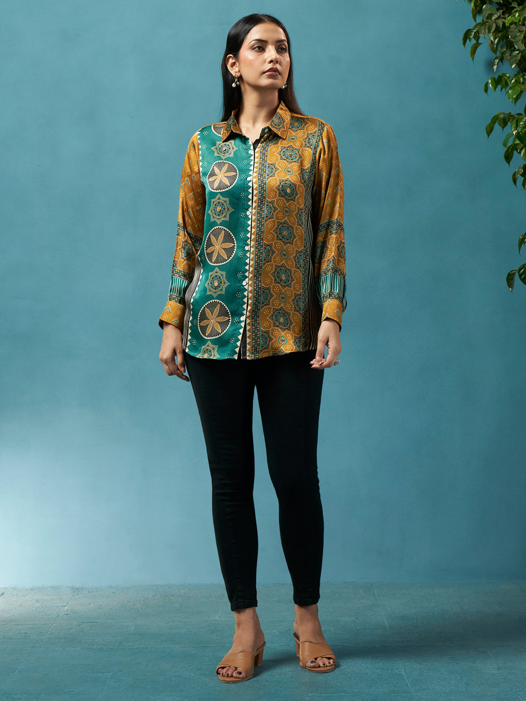 Mila Mustard Green Crepe Printed Shirt