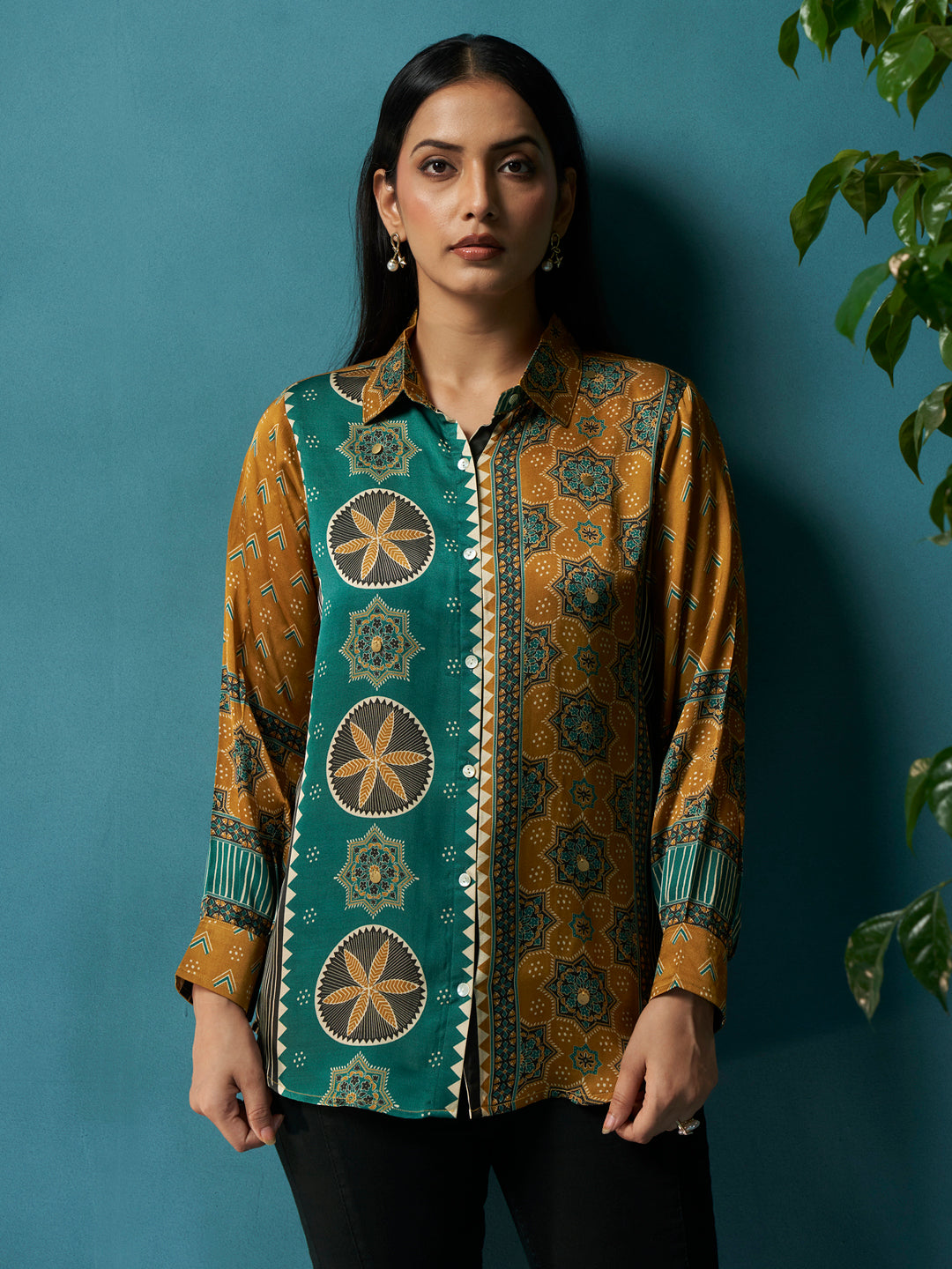 Mila Mustard Green Crepe Printed Shirt
