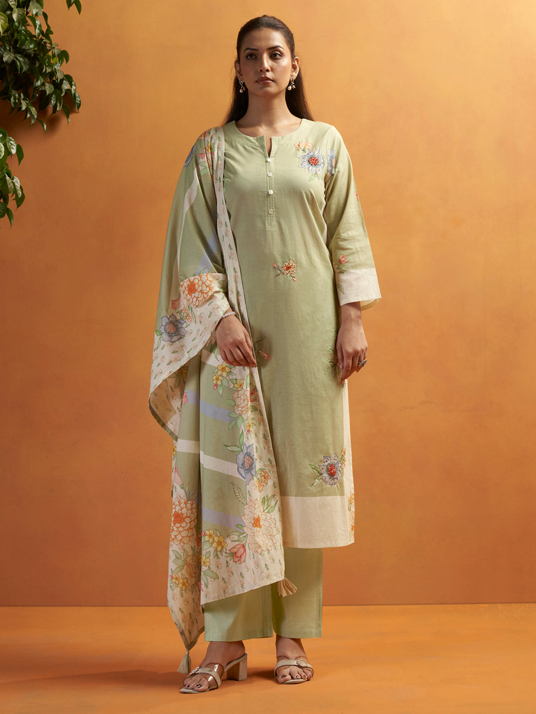 Kokum Pista Green Cotton Cambric Suit Set