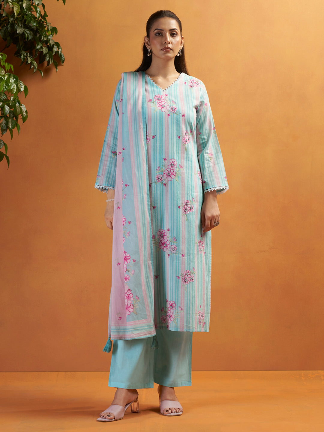 Lehran Sky Blue Cotton Cambric Suit Set