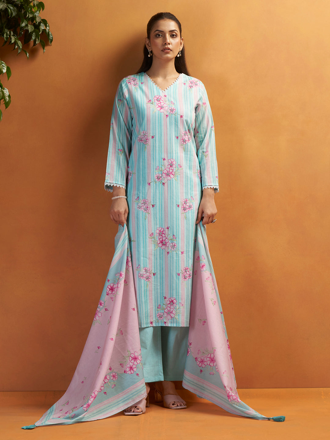 Lehran Sky Blue Cotton Cambric Suit Set