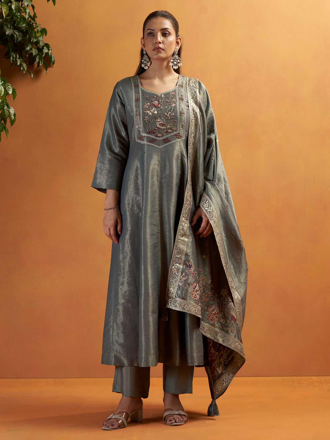 Chhaon Grey Shimmer Silk Suit Set