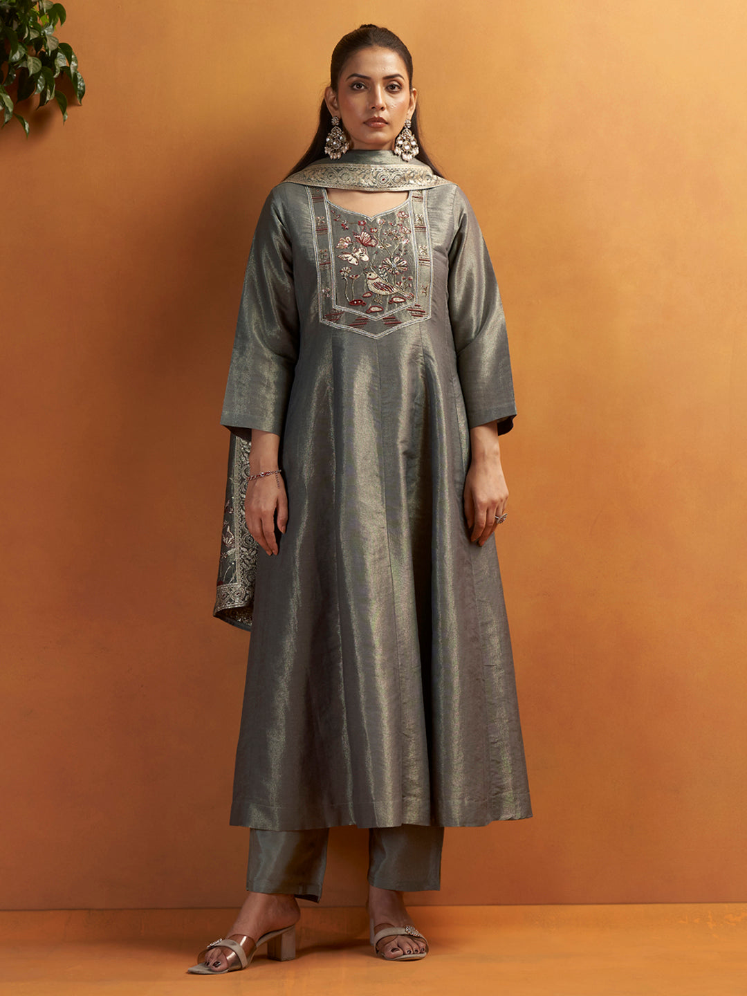 Chhaon Grey Shimmer Silk Suit Set