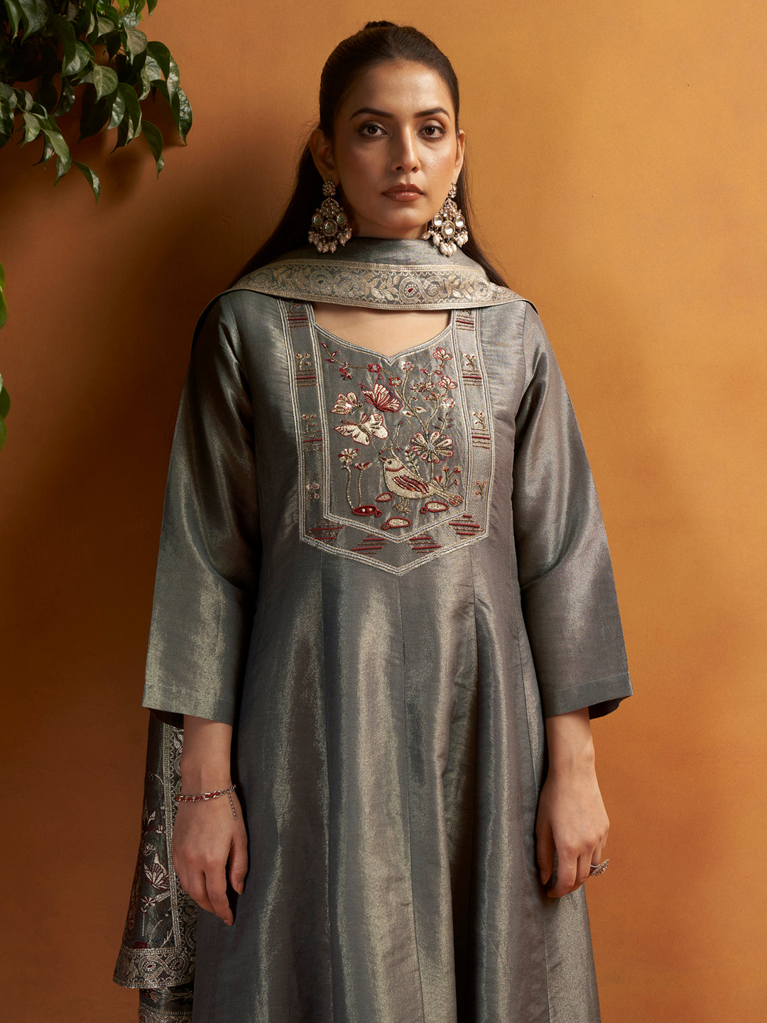 Chhaon Grey Shimmer Silk Suit Set