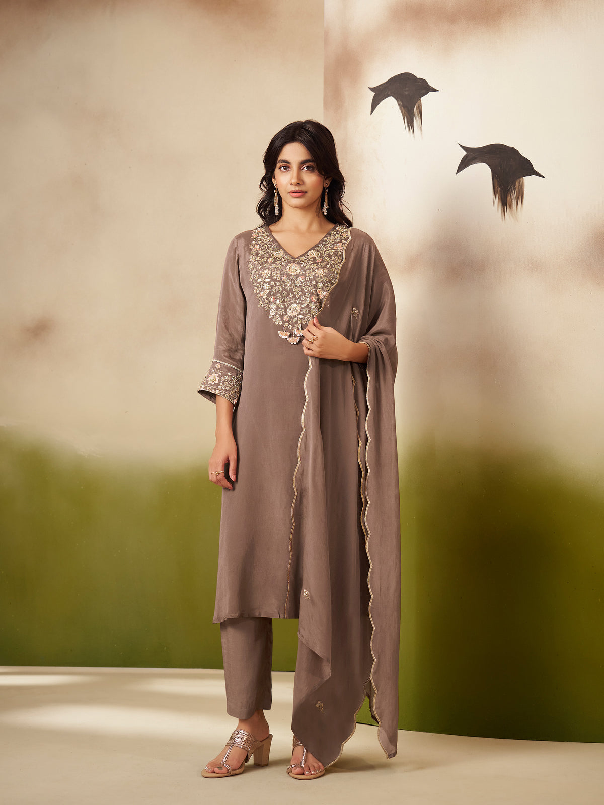 Dhara Coco Brown Chinnon Bead Work Suit Set