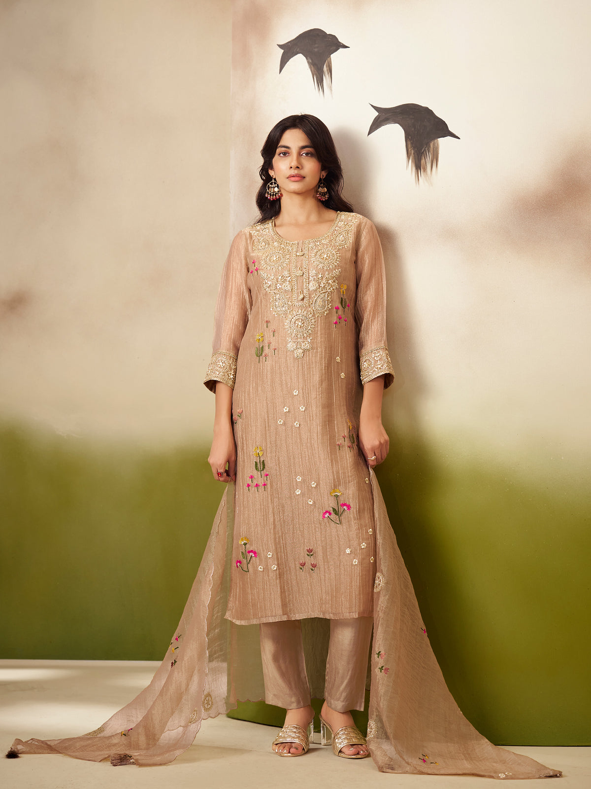 Pritha Beige Shimmer Bead Work Suit Set