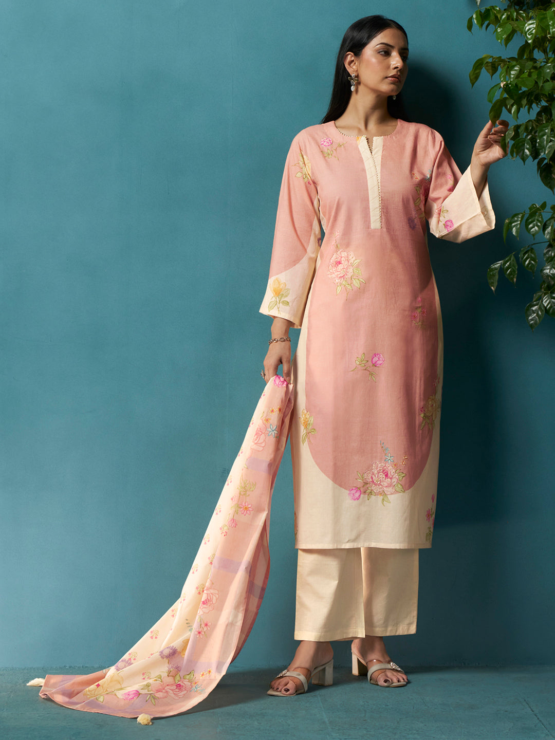 Structured flared designer ethnic ensemble featuring tailored silhouette and statement border accents