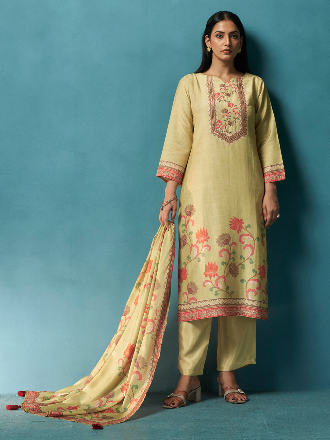 Elegant luxury ethnic outfit designed for mehendi ceremonies, festive sangeet nights, and family occasions