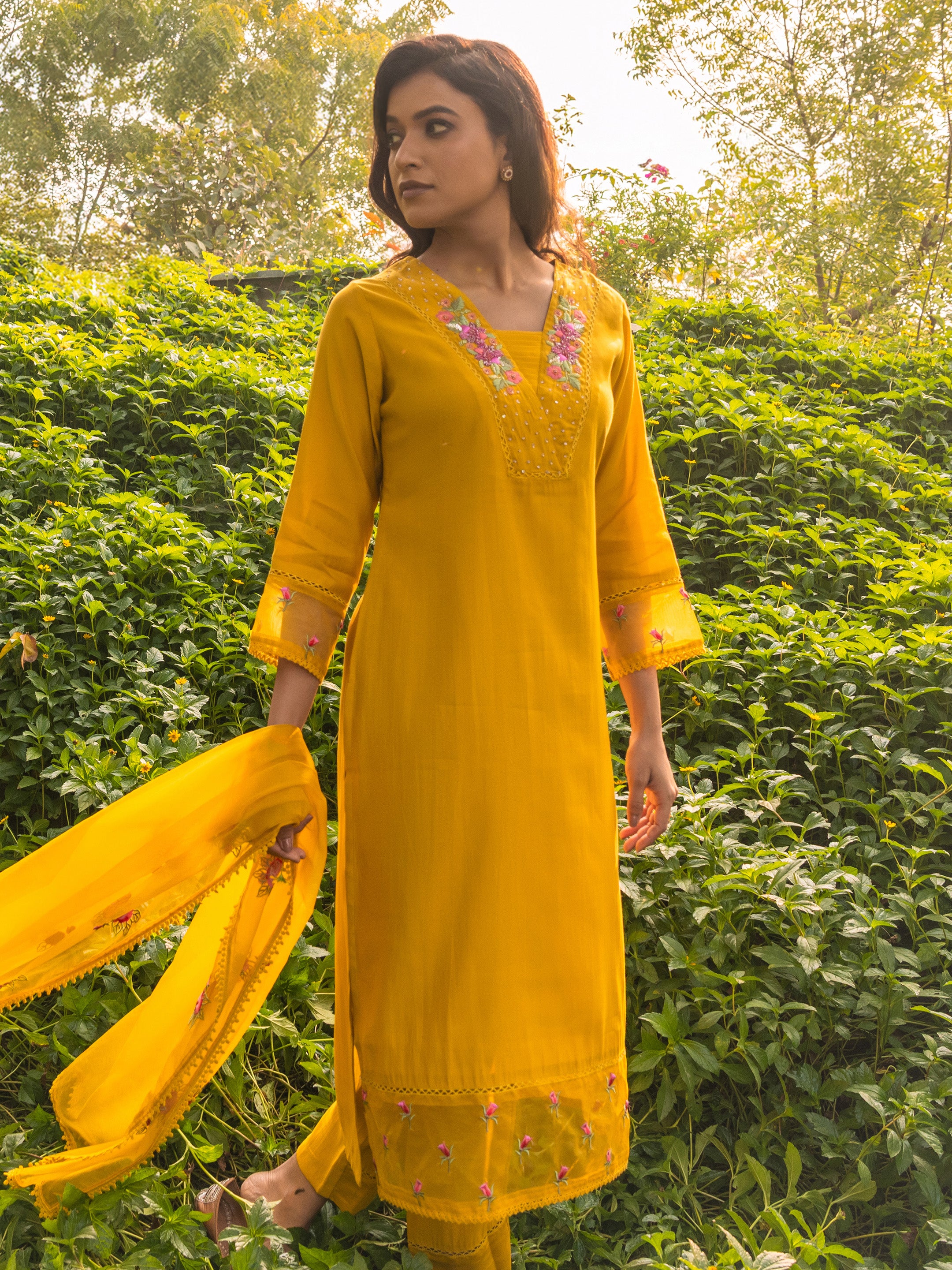 Designer organza silk suit set with fine handcrafted detailing for festive occasions - Vannya B