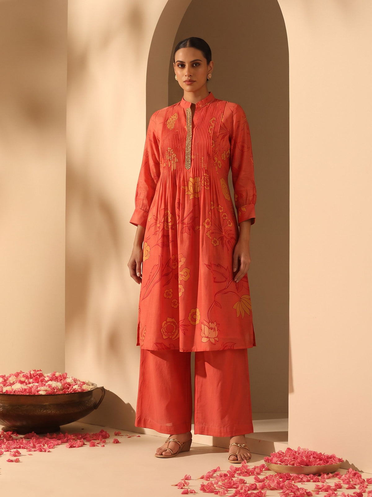 Sindura Red Cotton Chinon Kurta Pant Set