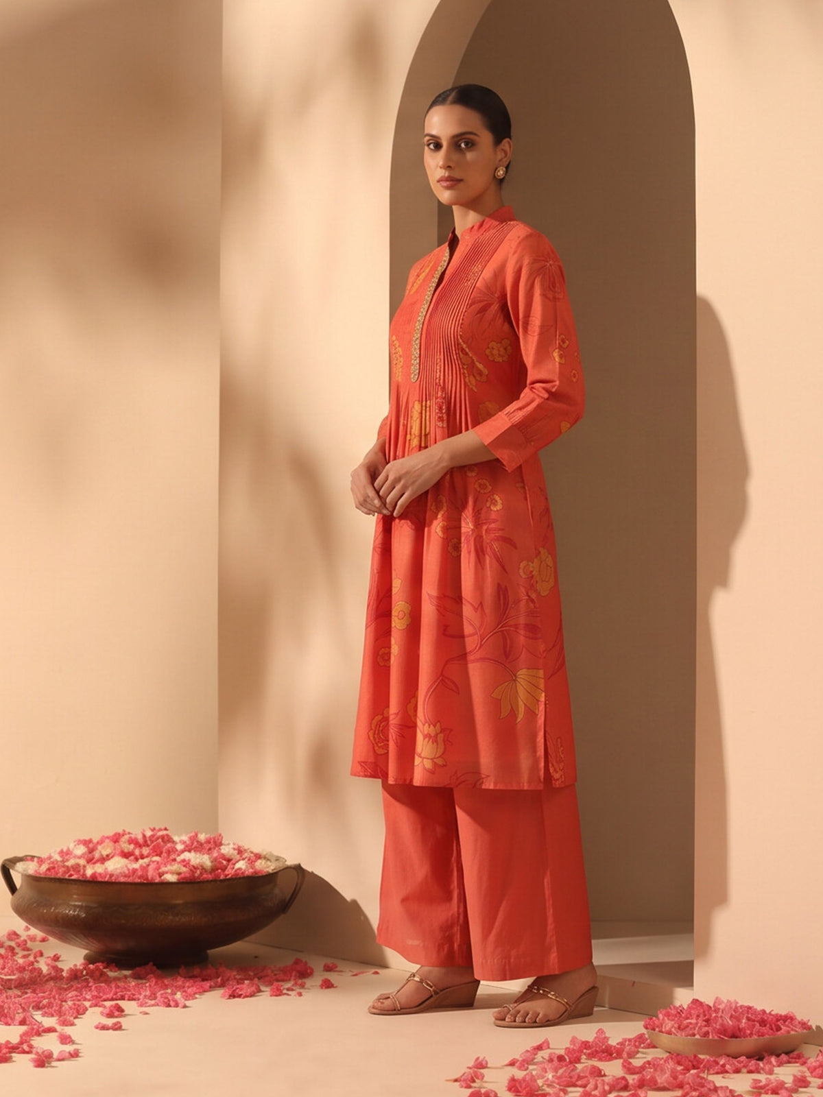 Sindura Red Cotton Chinon Kurta Pant Set