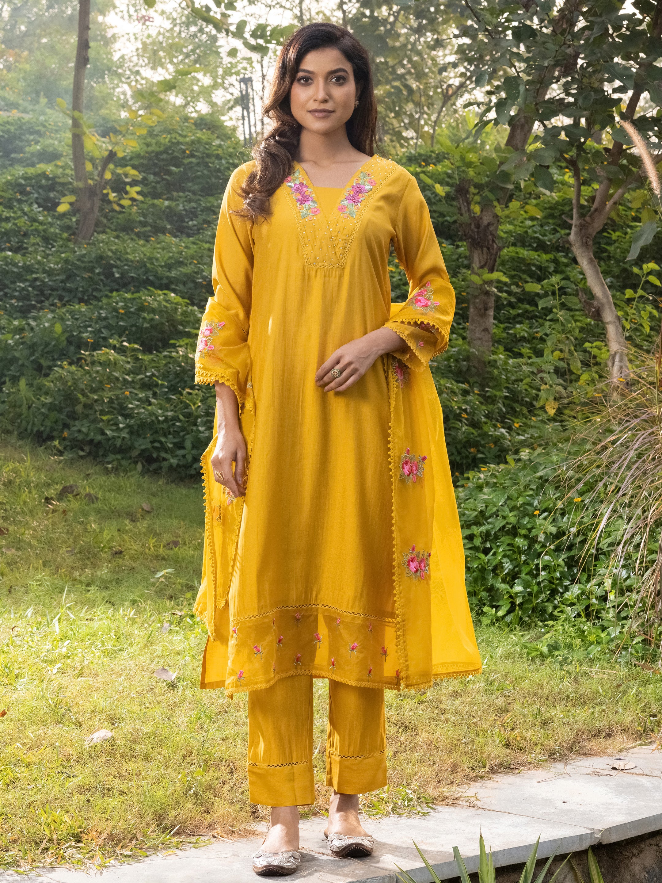 Meera Viscose Chanderi Embroidered Suit Set