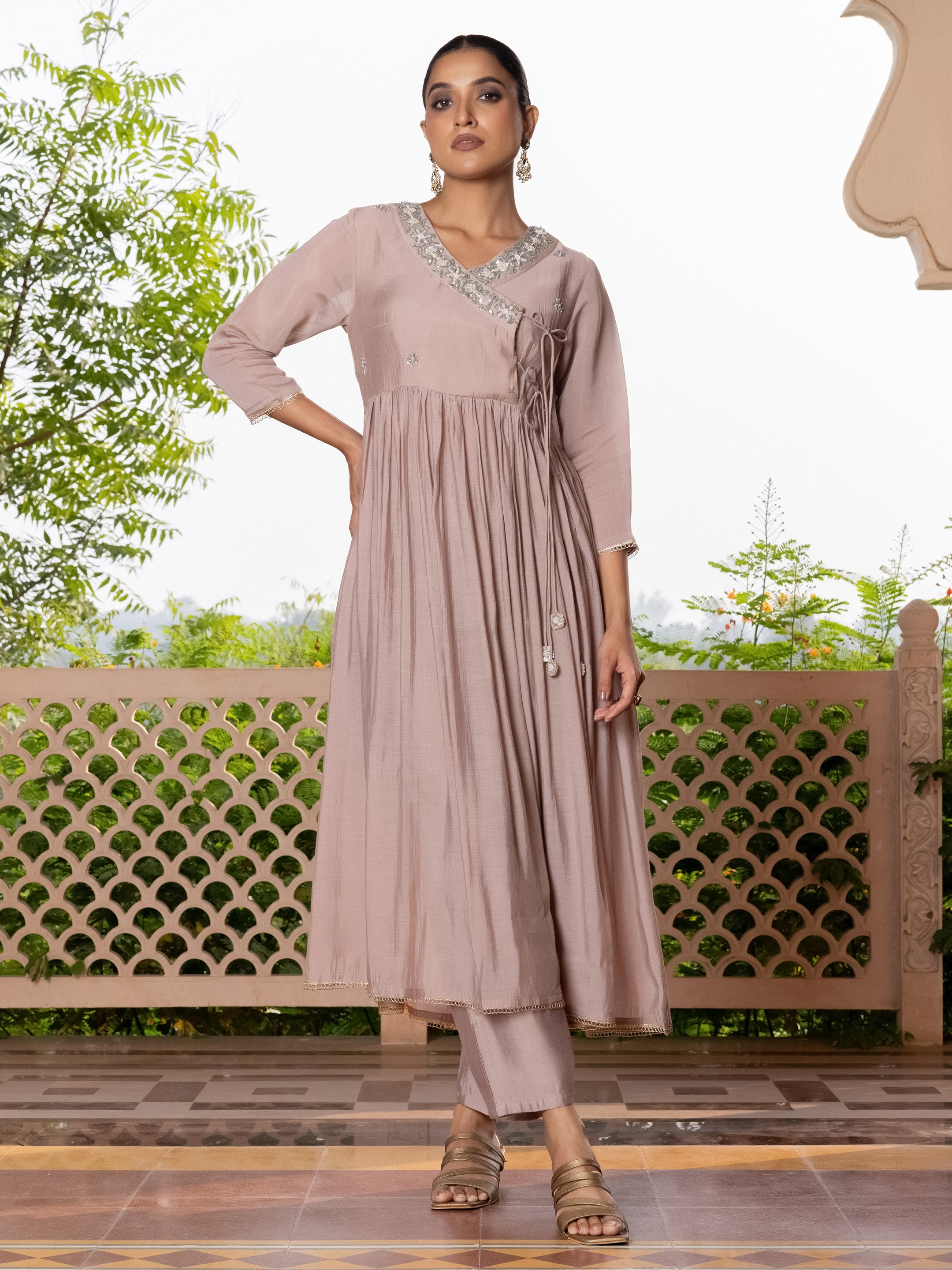 Saanjh Mul Chanderi Angrakha Kurta Set