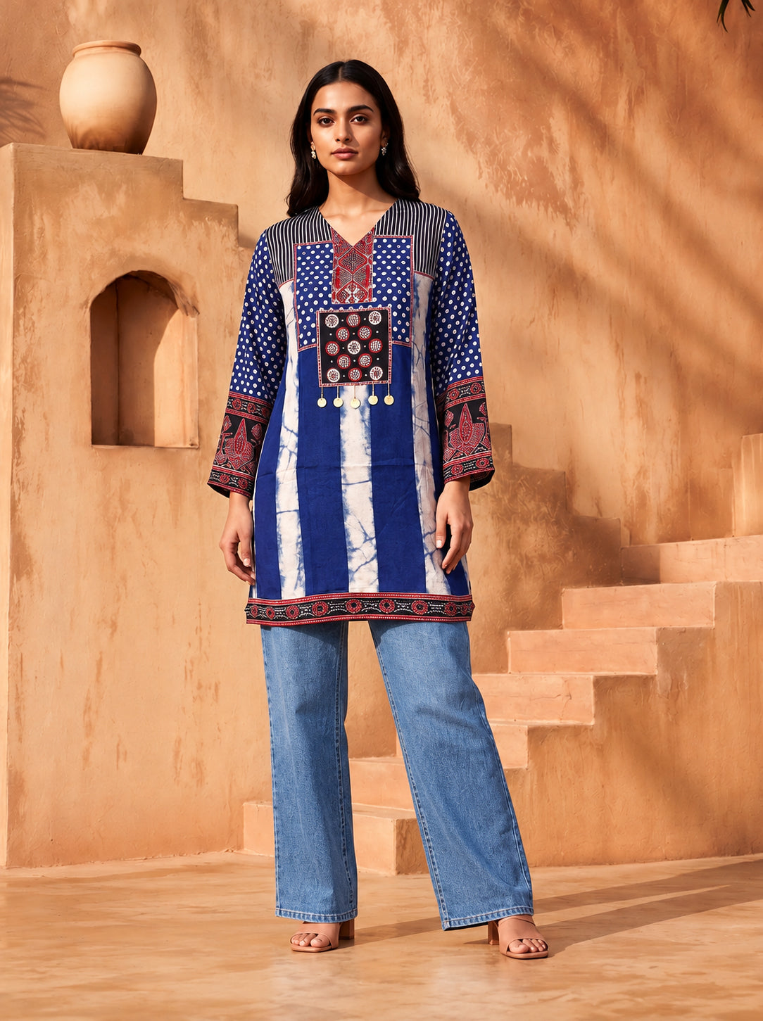 Nihira Royal Blue Bandhani Print & Handwork 3D-Silk Straight Short Kurti