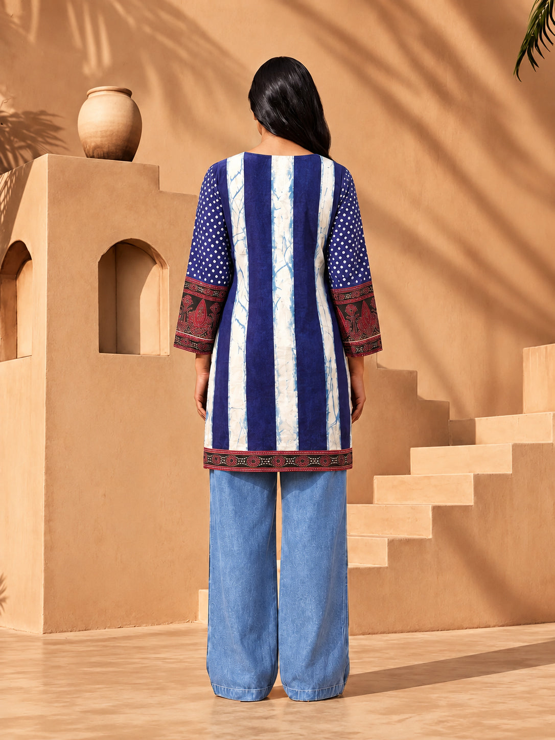 Nihira Royal Blue Bandhani Print & Handwork 3D-Silk Straight Short Kurti