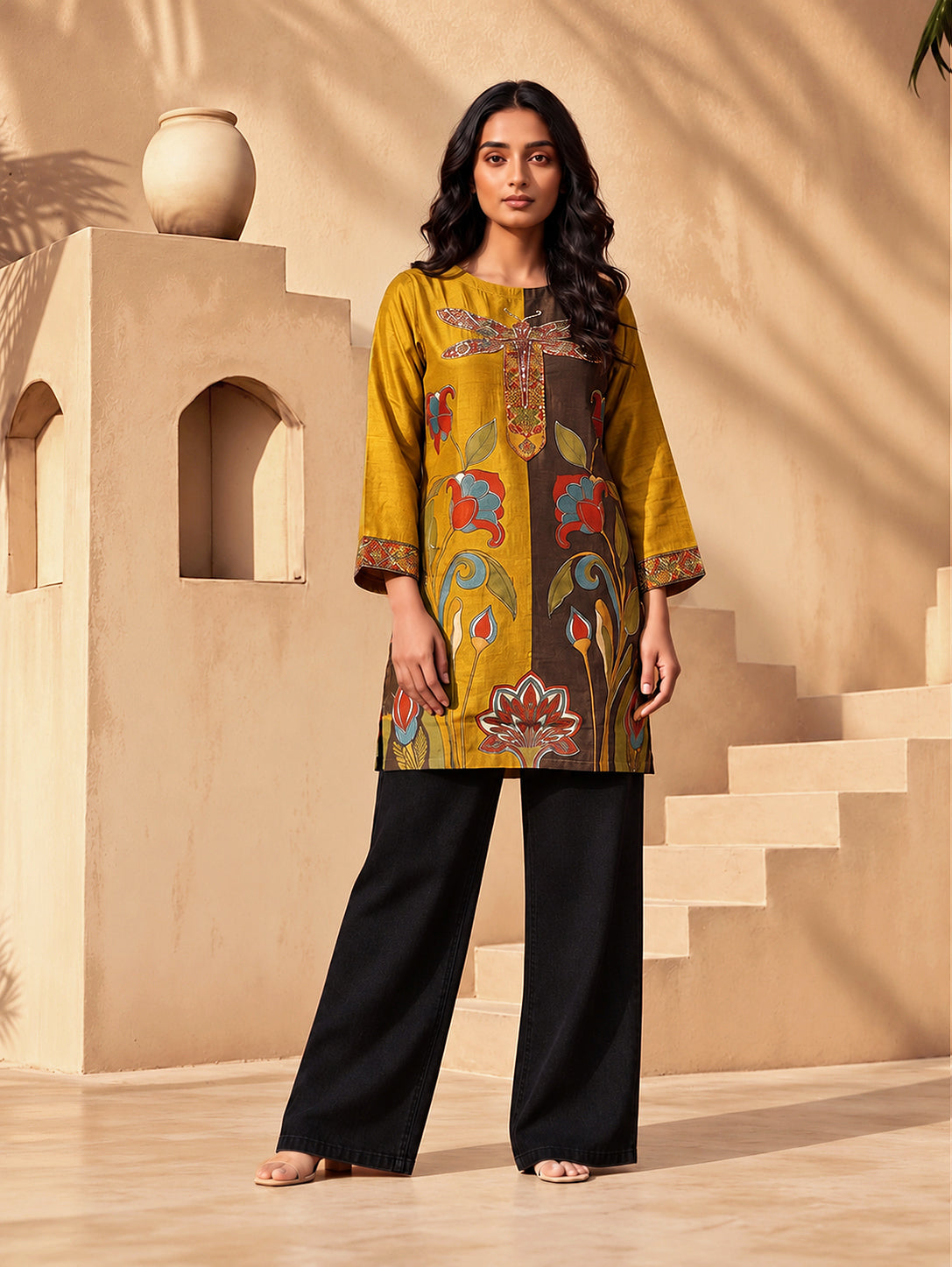 Mihika Mustard & Brown Dragonfly Print & Handwork 3D-Silk Straight Short Kurti
