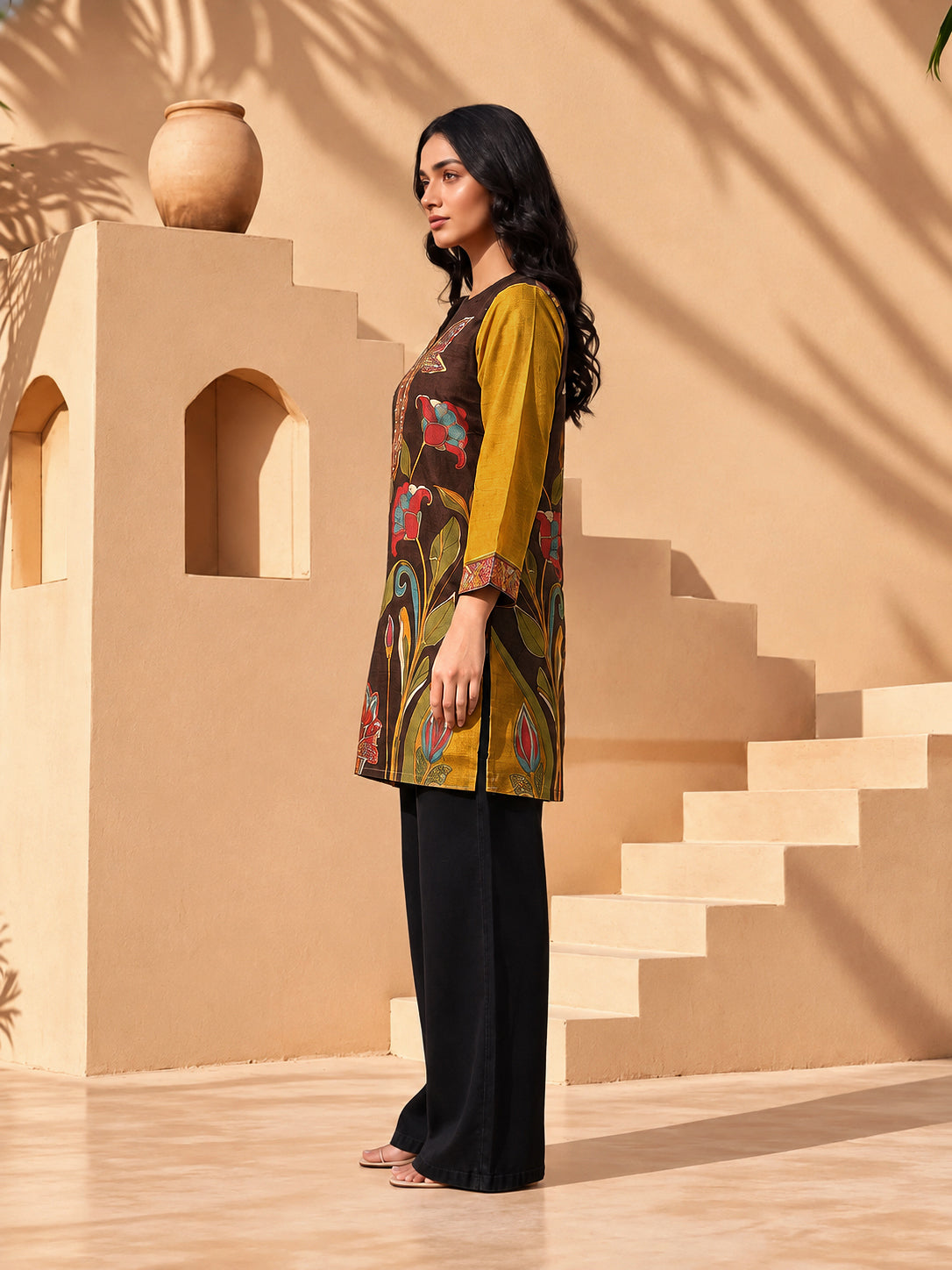 Mihika Mustard & Brown Dragonfly Print & Handwork 3D-Silk Straight Short Kurti