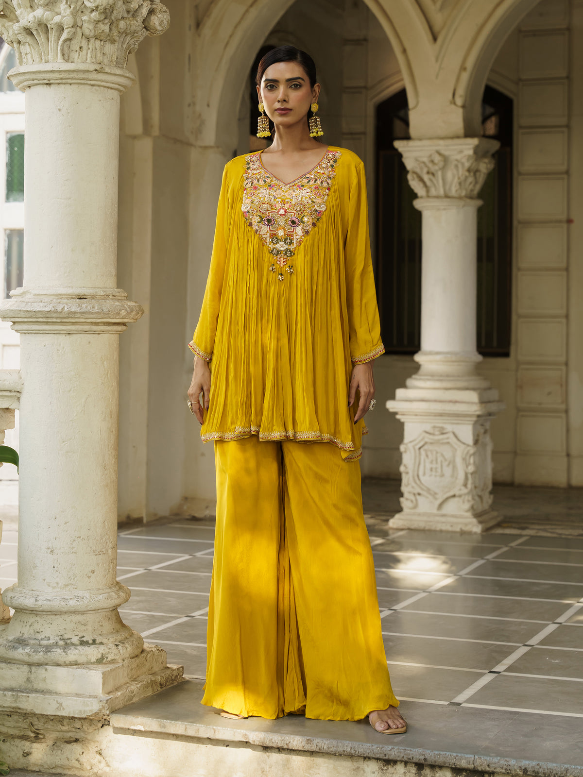 Sanaya Mustard Yellow Pure Viscose Embroidered Kurta Palazzo Set