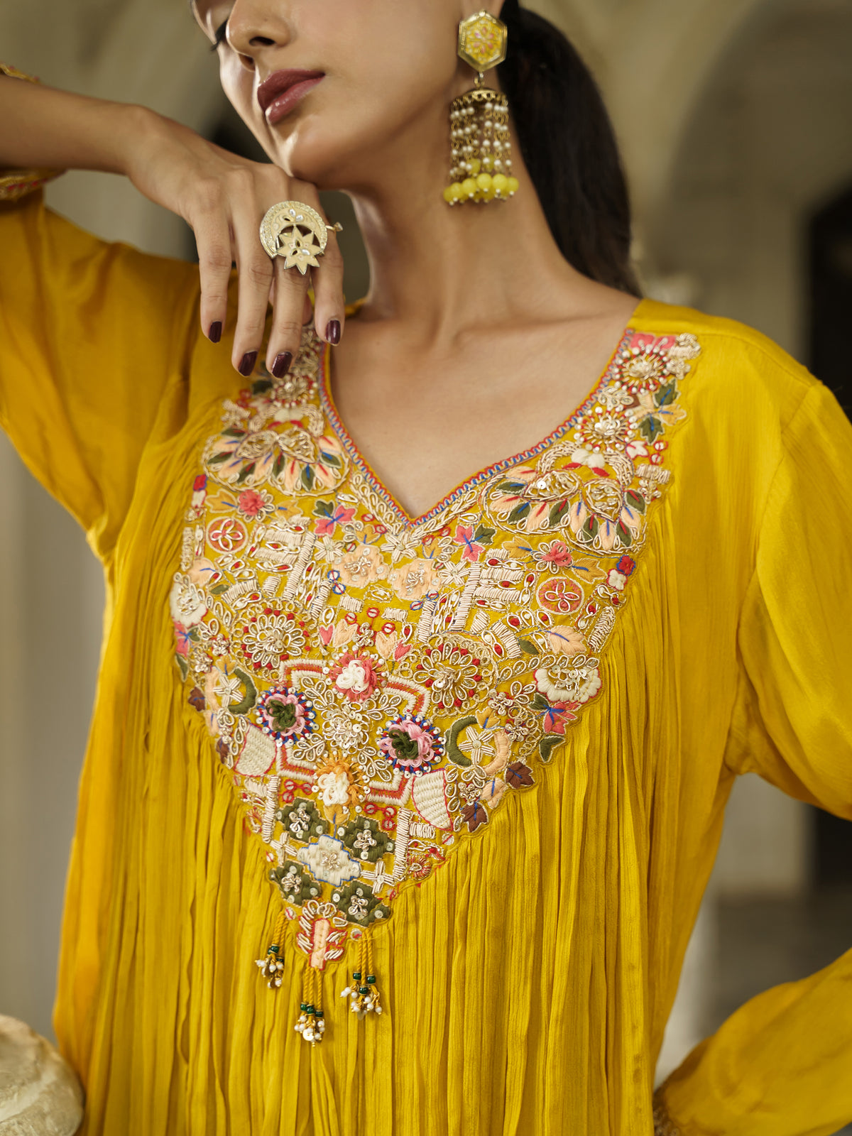 Sanaya Mustard Yellow Pure Viscose Embroidered Kurta Palazzo Set