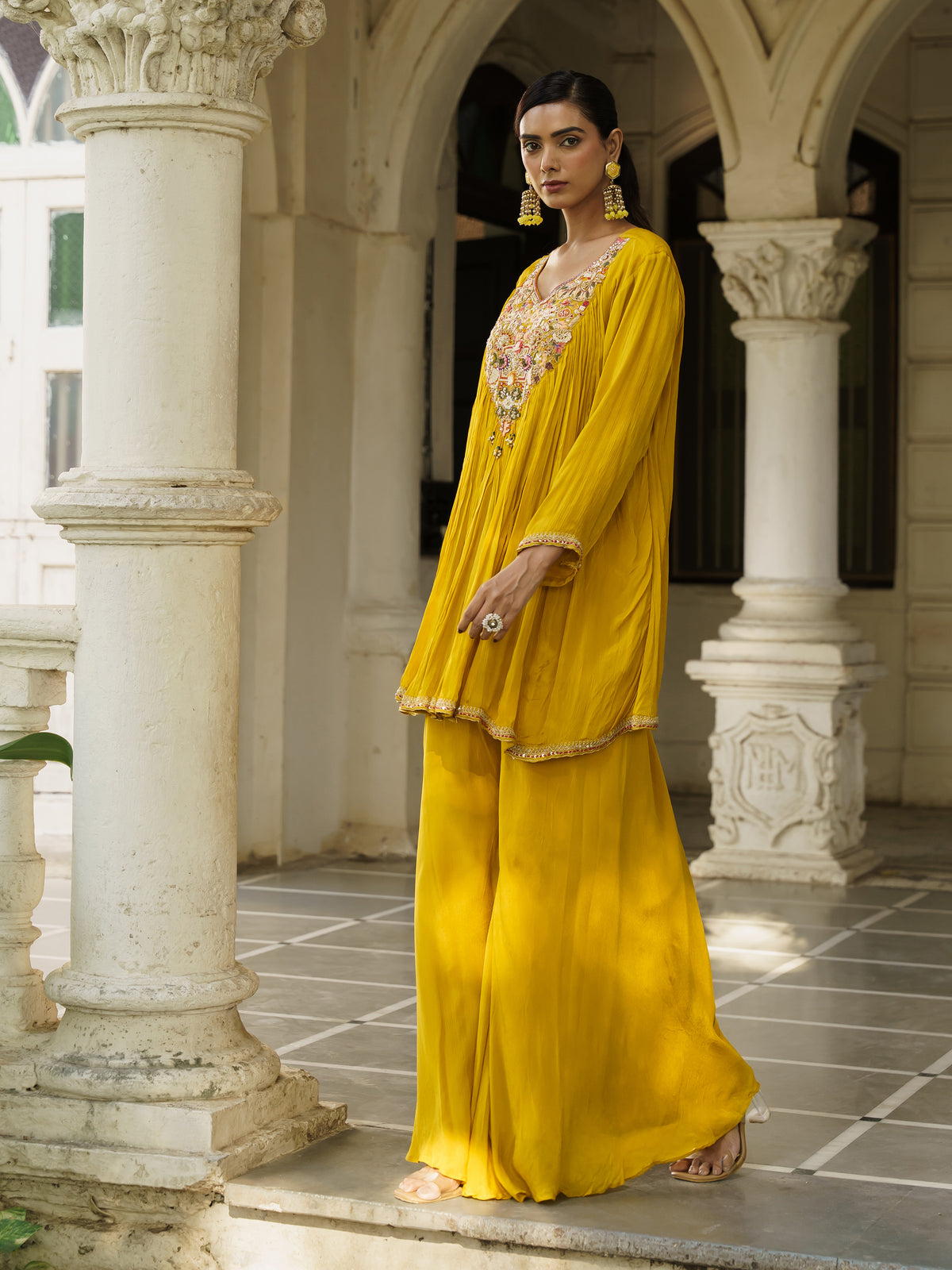 Sanaya Mustard Yellow Pure Viscose Embroidered Kurta Palazzo Set