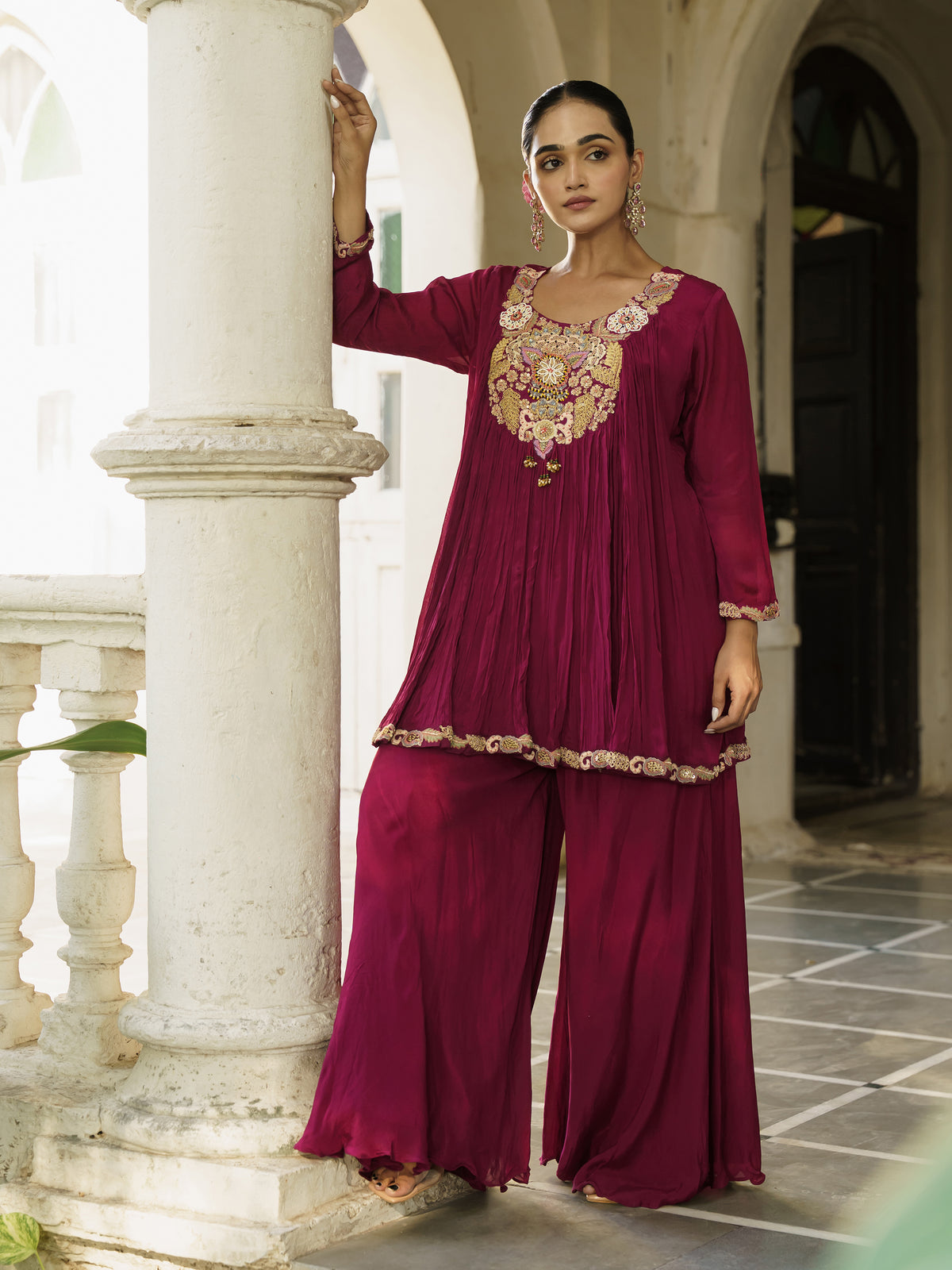 Zivika Wine Maroon Pure Viscose Embroidered Kurta Palazzo Set