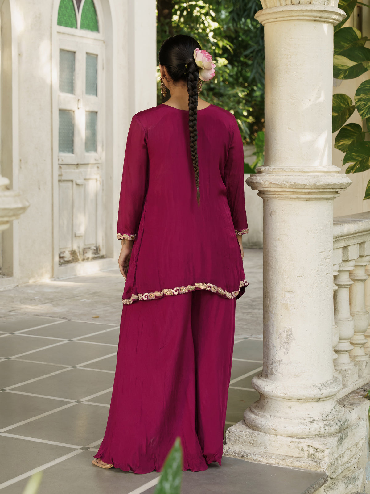 Zivika Wine Maroon Pure Viscose Embroidered Kurta Palazzo Set