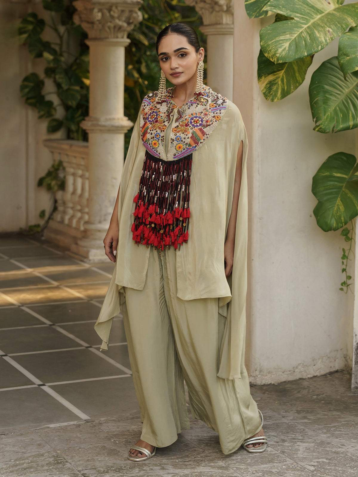 Aahana Beige Pure Viscose Embroidered Kaftan Suit Set with Red Tassel Detailing