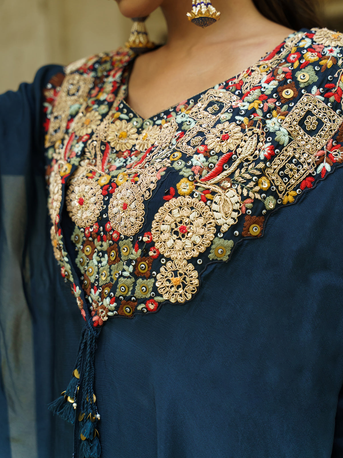 Anvika Navy Blue Pure Viscose Embroidered Sharara Suit Set with Matching Shrug