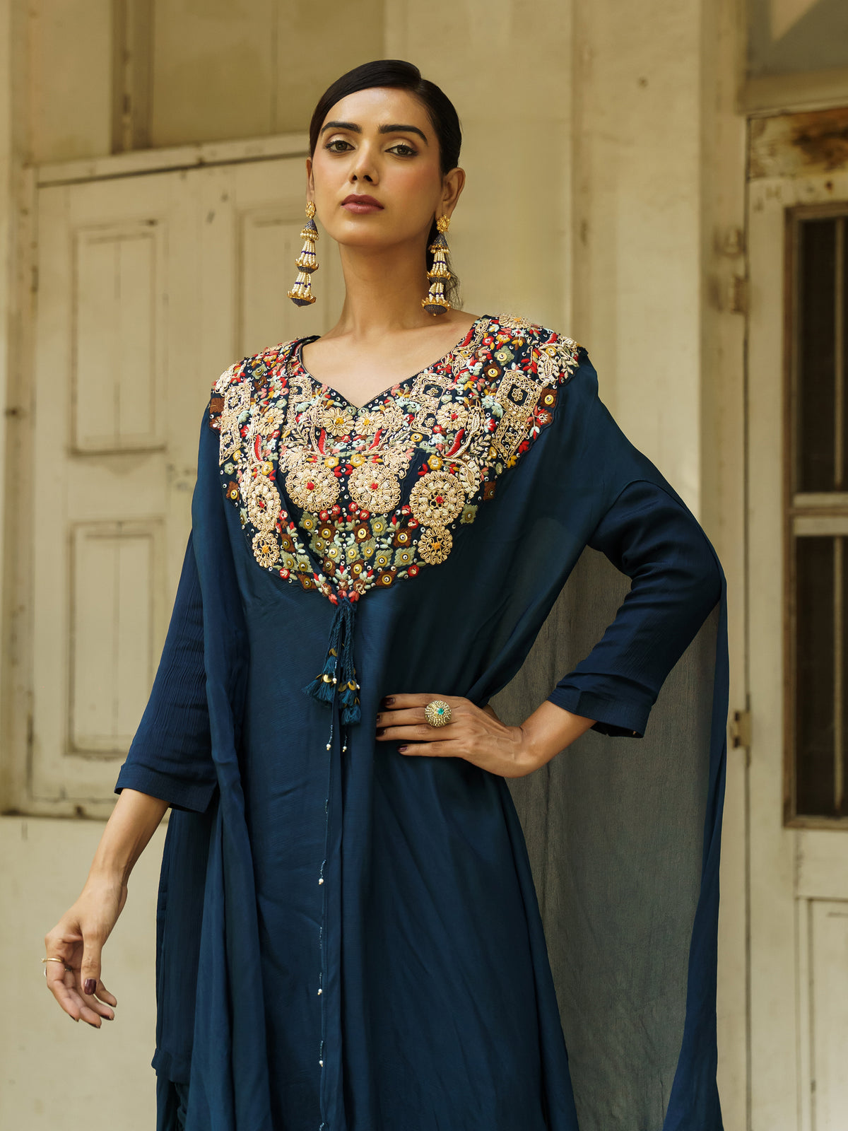 Anvika Navy Blue Pure Viscose Embroidered Sharara Suit Set with Matching Shrug