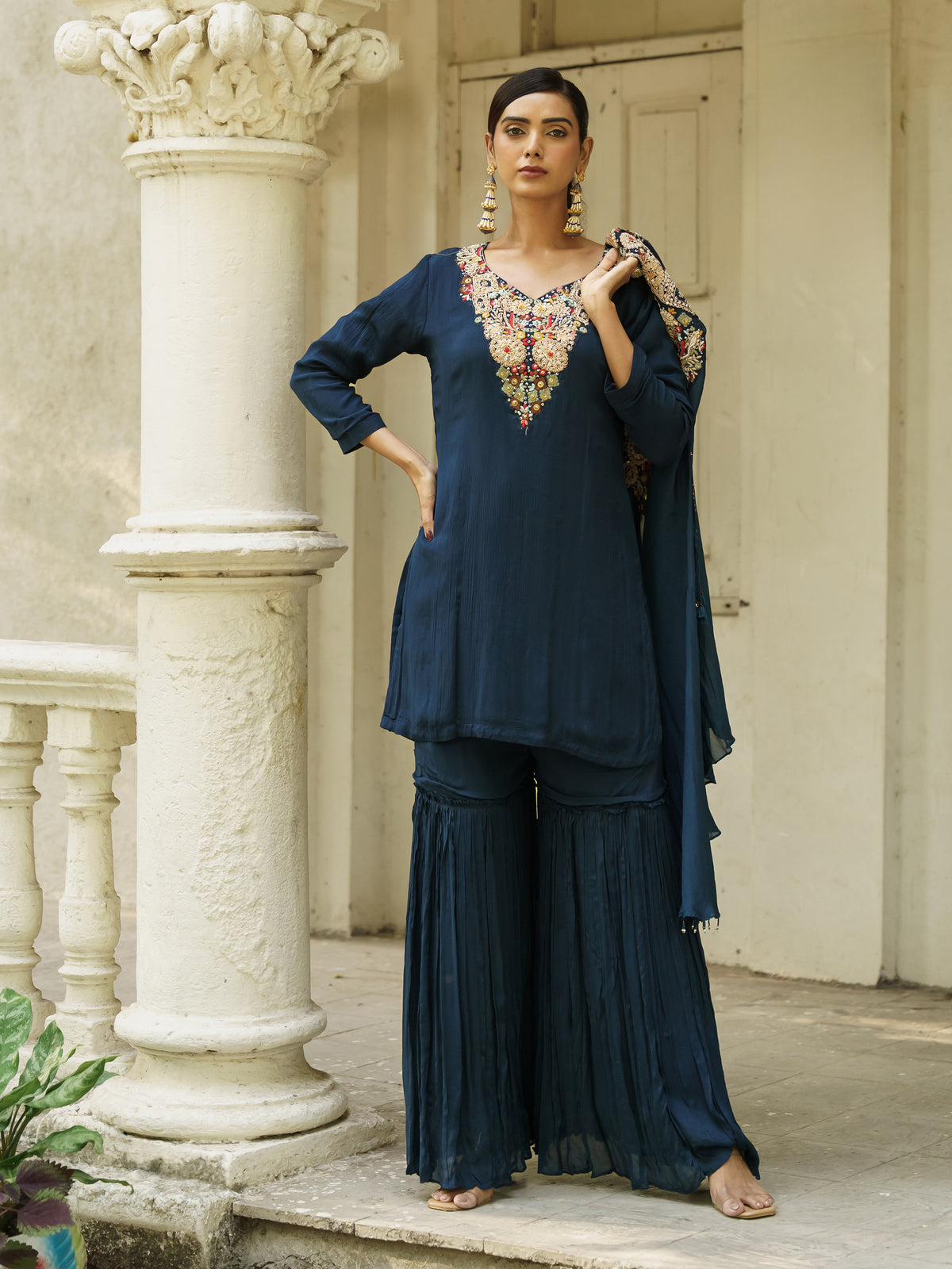 Anvika Navy Blue Pure Viscose Embroidered Sharara Suit Set with Matching Shrug