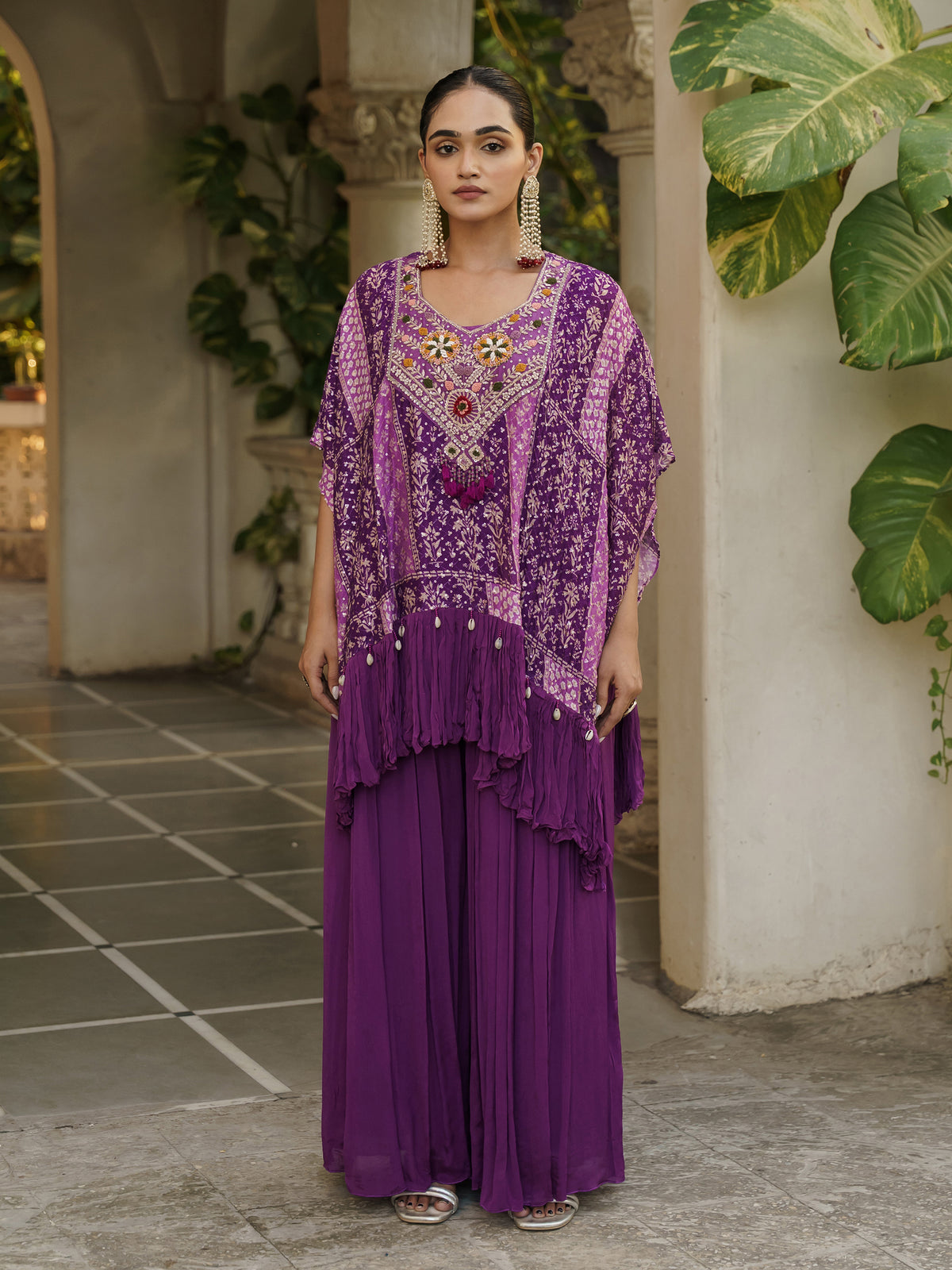 Mayra Royal Purple Pure Viscose Embroidered Kaftan Gown with Palazzo Pants