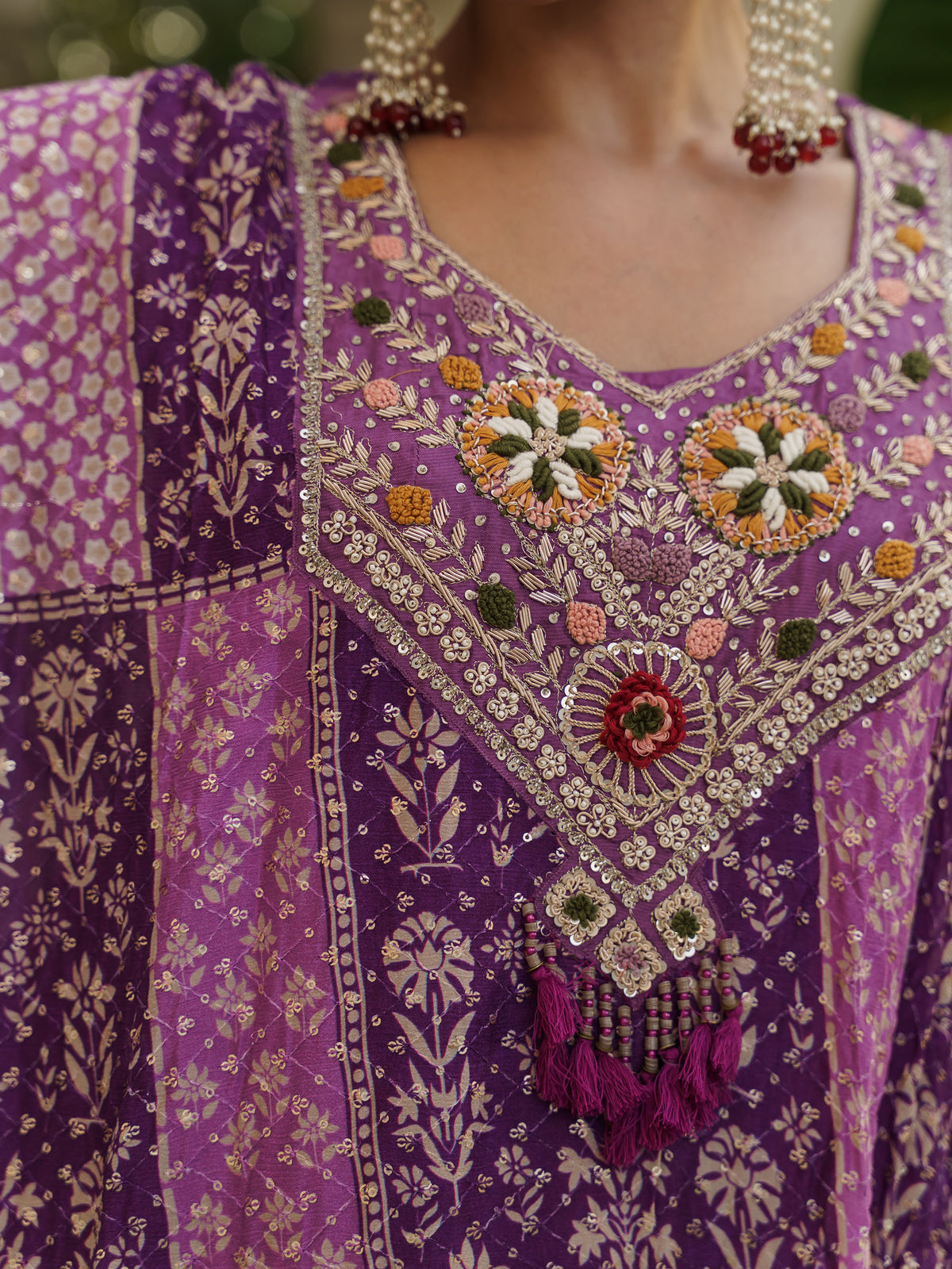 Mayra Royal Purple Pure Viscose Embroidered Kaftan Gown with Palazzo Pants