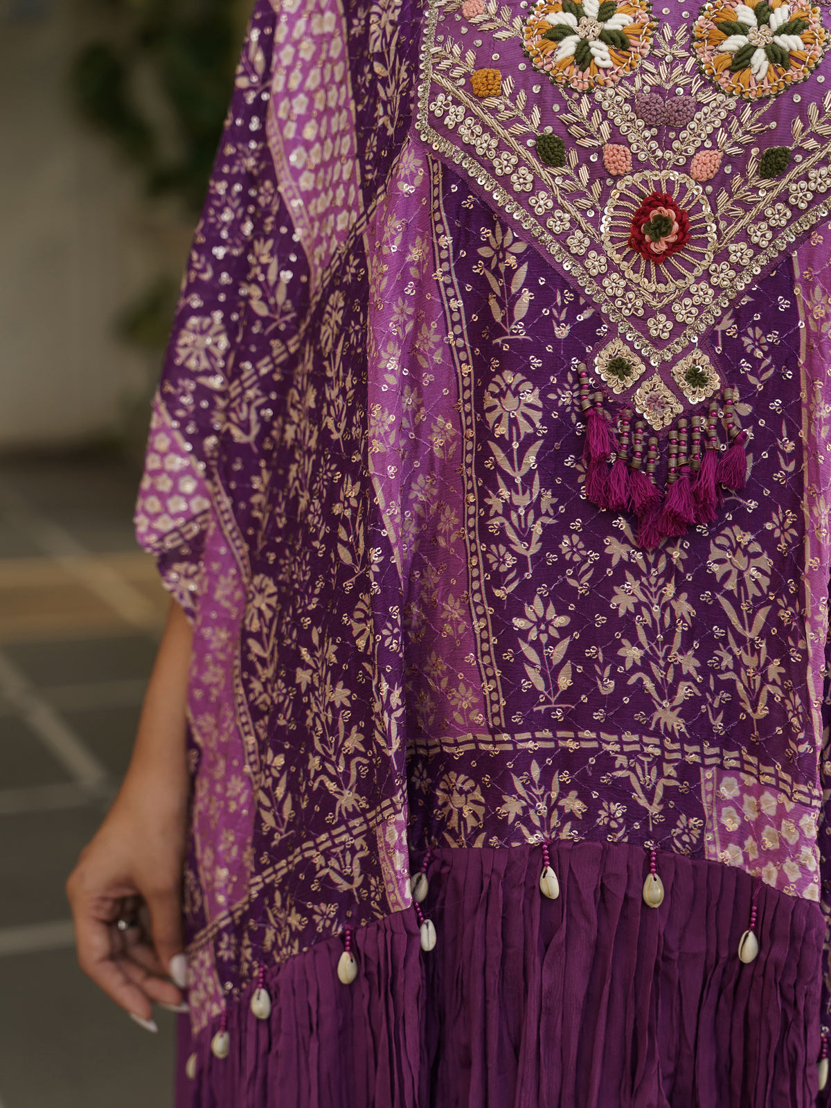 Mayra Royal Purple Pure Viscose Embroidered Kaftan Gown with Palazzo Pants
