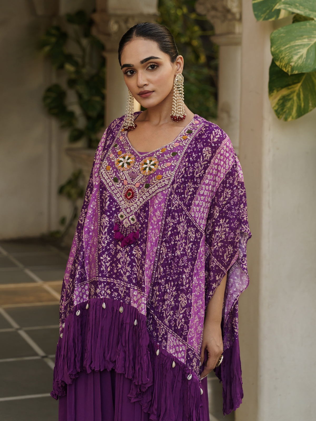 Mayra Royal Purple Pure Viscose Embroidered Kaftan Gown with Palazzo Pants