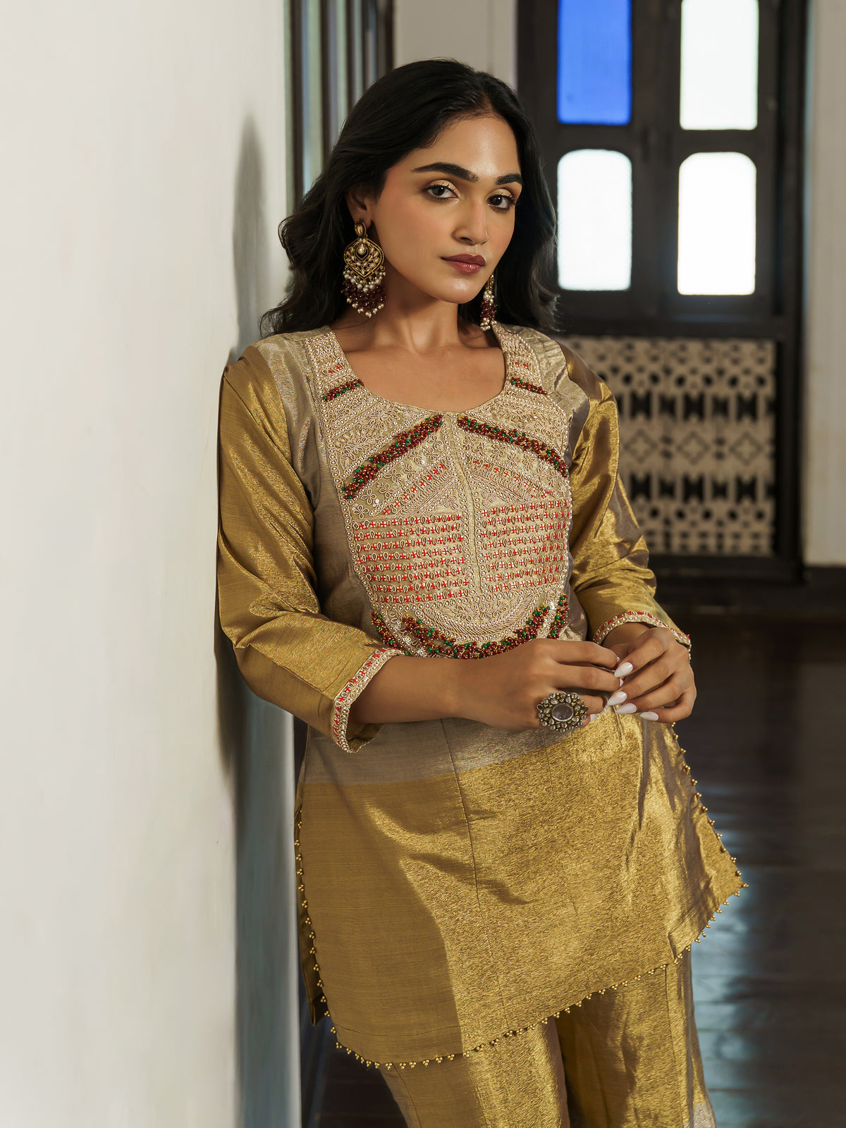 Harika Elegant Antique Gold Pure Viscose Embroidered Co Ord Set