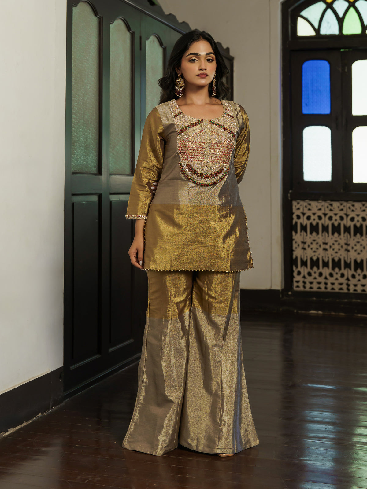 Harika Elegant Antique Gold Pure Viscose Embroidered Co Ord Set