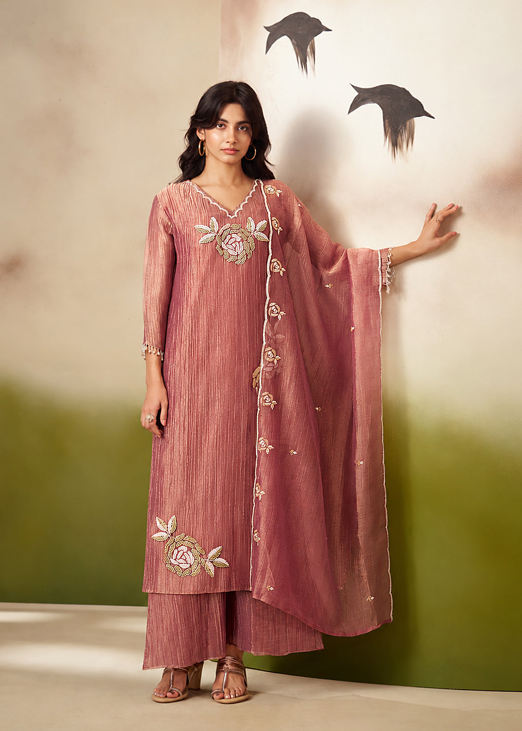 Anusha Mauve Pink Shimmer Bead Work Suit Set
